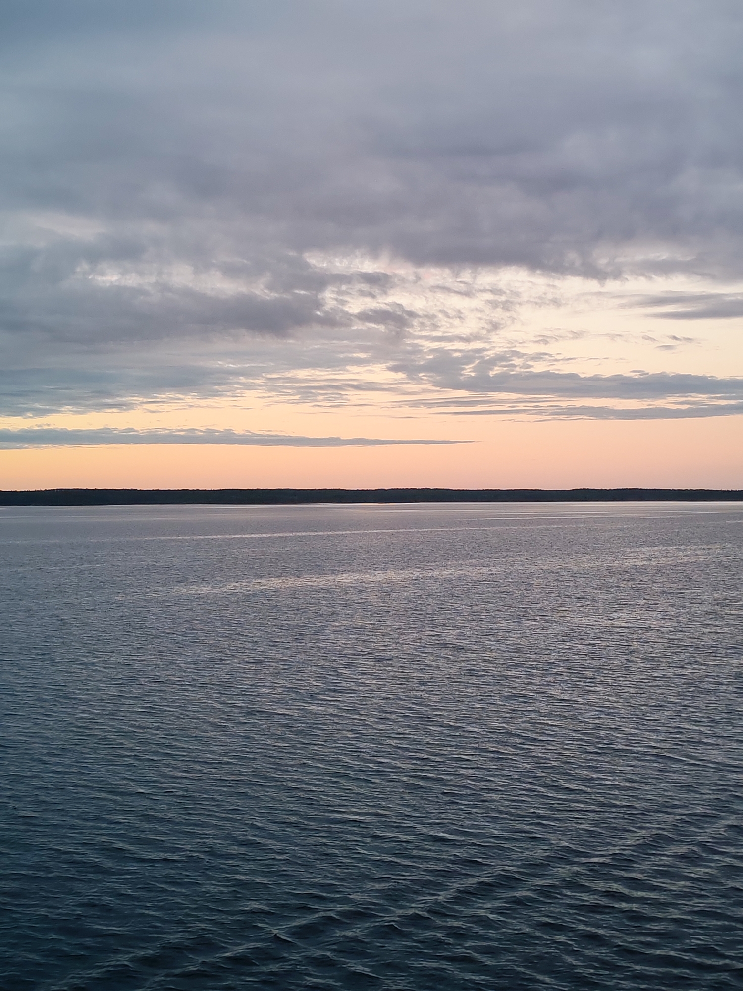 This image presents a serene and expansive natural landscape, likely a large body of water under a twilight sky. The scene is dominated by three distinct horizontal bands: the water in the foreground and midground, a distant landmass along the horizon, and the sky above.
The **subjects** in the image are the vast body of water, the strip of land, and the sky. No people or man-made objects are visible, emphasizing the natural setting. The **scene** depicts an open, unpopulated vista, suggesting a tranquil and remote environment.
There is no discernible **activity or event** taking place; the image captures a moment of stillness and natural beauty.
**Notable details** include the time of day, which appears to be either dawn or dusk. The lower portion of the sky, just above the horizon, is bathed in a soft, warm hue of peach and pale orange, indicating the rising or setting sun. Above this warm band, the sky transitions to cooler shades of grey and blue, filled with scattered, elongated clouds that stretch across the frame. The clouds closest to the horizon show hints of the warm light, while those higher up are predominantly grey. The water surface is dark and calm, showing subtle ripples and reflections of the muted sky, indicating either a light breeze or very still conditions. The distant landmass is a dark, narrow line, likely a forested coastline or a low-lying island, providing a clear horizon line. The overall color palette is subdued, with cool blues and greys in the water and upper sky, contrasted by the gentle warmth of the horizon.
No **visible text** is present in the image. The vastness of the water and the distant, low-lying land suggest a location by a large lake or sea, consistent with the "Unknown, Russia" context, which is known for its extensive waterways.
