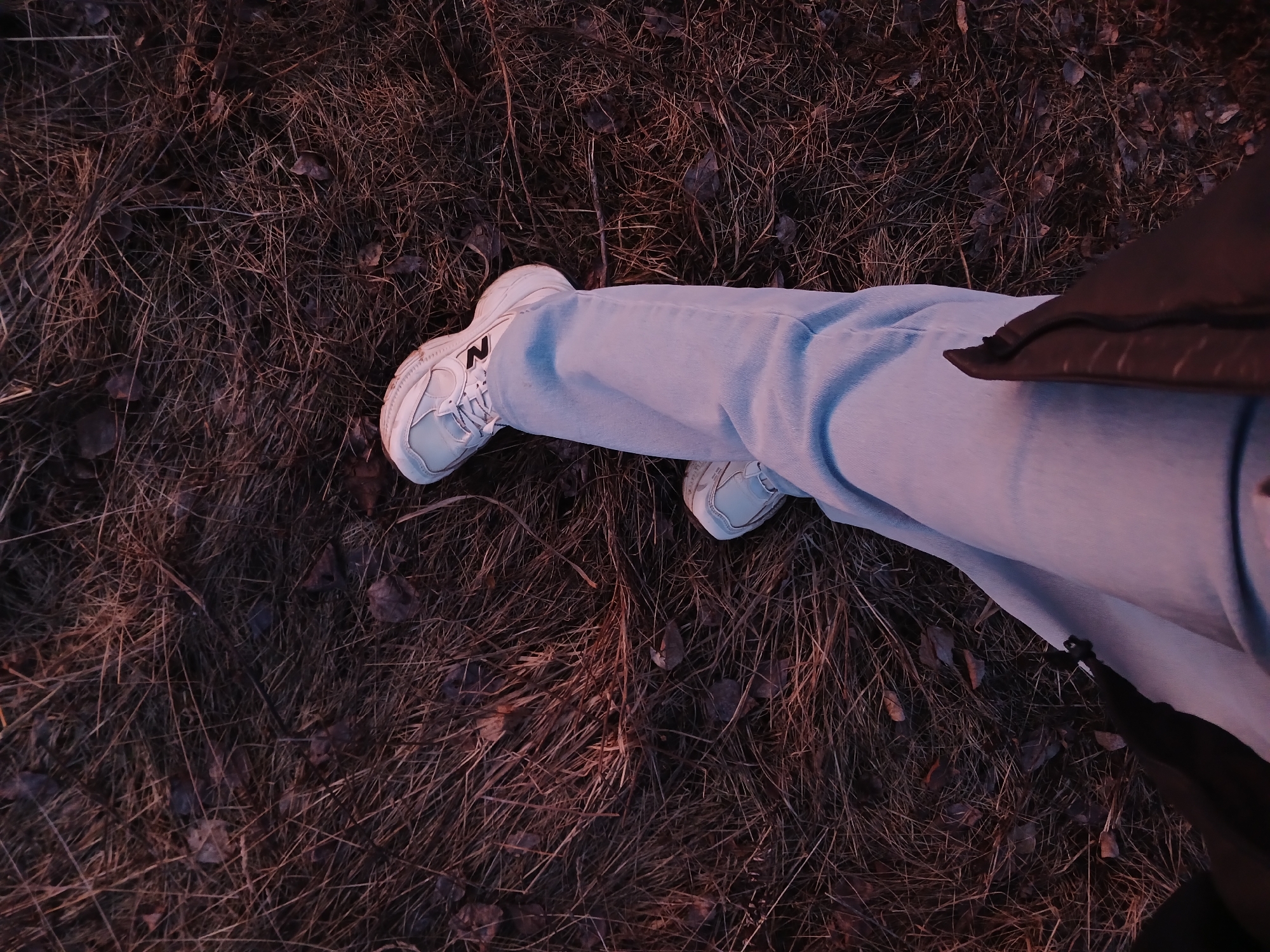 This image presents a low-angle, top-down view of a person's legs and feet set against a natural, outdoor backdrop. The individual is wearing light-wash blue jeans and white athletic sneakers. A prominent black "N" logo is visible on the outer side of the left sneaker, identifying them as New Balance brand shoes. One leg appears slightly bent, with the foot resting on the ground, while the other is extended. A dark brown or black object, possibly a jacket or bag, is partially visible in the upper right, resting on or near the person.
The setting is characterized by a ground covered in dry, matted, brownish-red grass and scattered fallen leaves, suggesting a late autumn, winter, or dry season in a rural or natural area within Bolshaya Sosnova, Russia. The lighting is soft and warm, casting a gentle, slightly rosy hue across the scene, indicative of either early morning or late afternoon light, possibly sunrise or sunset. No specific activity or event is taking place beyond the person seemingly pausing or resting in this landscape. The overall atmosphere is quiet and subdued, conveyed by the muted colors and natural textures.