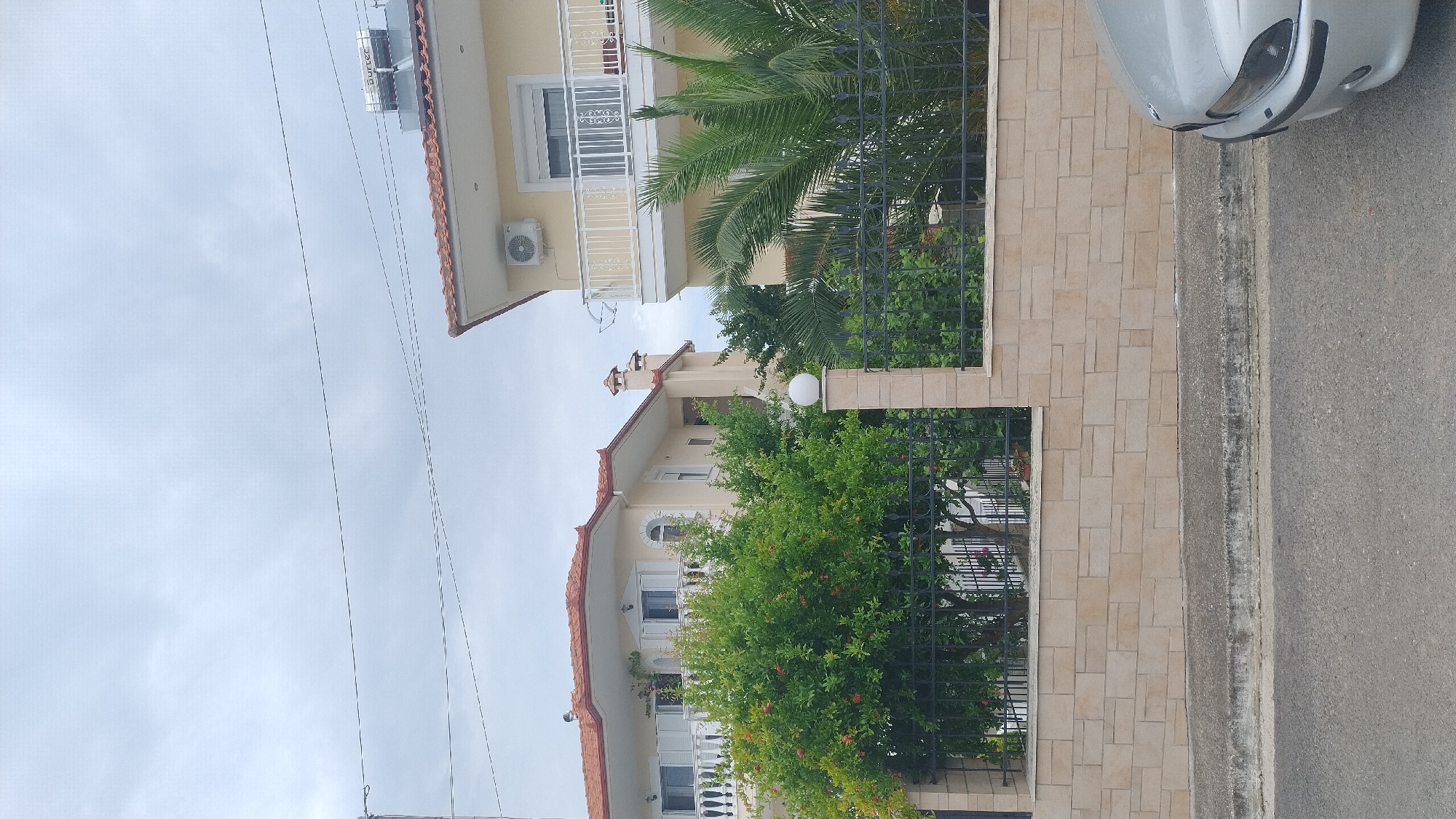 The image captures a street view in Νέα Κερασιά, Greece, under an overcast sky. In the foreground, a section of asphalt road is visible, bordered by a concrete curb and a light-colored stone wall. A silver car is parked on the right side of the frame, partially obscuring the road. Behind the wall, a black metal fence encloses a garden area. A prominent feature of the garden is a lush green tree laden with small red fruits, likely pomegranates, and several palm trees. Two residential buildings with red-tiled roofs are situated behind the garden. The building on the left is a two-story structure with balconies, white railings, and arched windows. The building on the right, also two stories high, features a balcony with white railings and an air conditioning unit mounted on its facade. The sky is filled with clouds, suggesting a potentially damp or humid day. Power lines are strung across the upper portion of the image, indicating the presence of urban infrastructure.