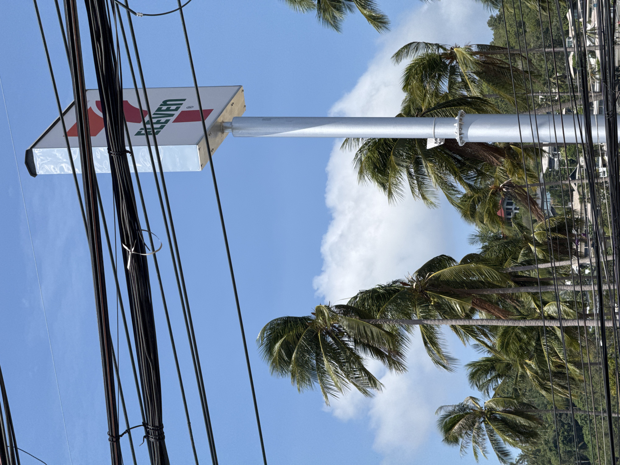 The image captures a 7-Eleven sign on a pole against a bright blue sky with scattered white clouds. Several palm trees, their fronds swaying in the wind, are visible in the foreground and background. A dense canopy of more palm trees and lush green foliage covers rolling hills behind the sign and trees. The scene appears to be in a tropical environment, likely in the Ko Samui District of Thailand, given the distinctive palm trees and architecture visible on the hills. The image is framed by a network of overhead power lines, creating a slightly cluttered visual field. There are no people visible in the frame.