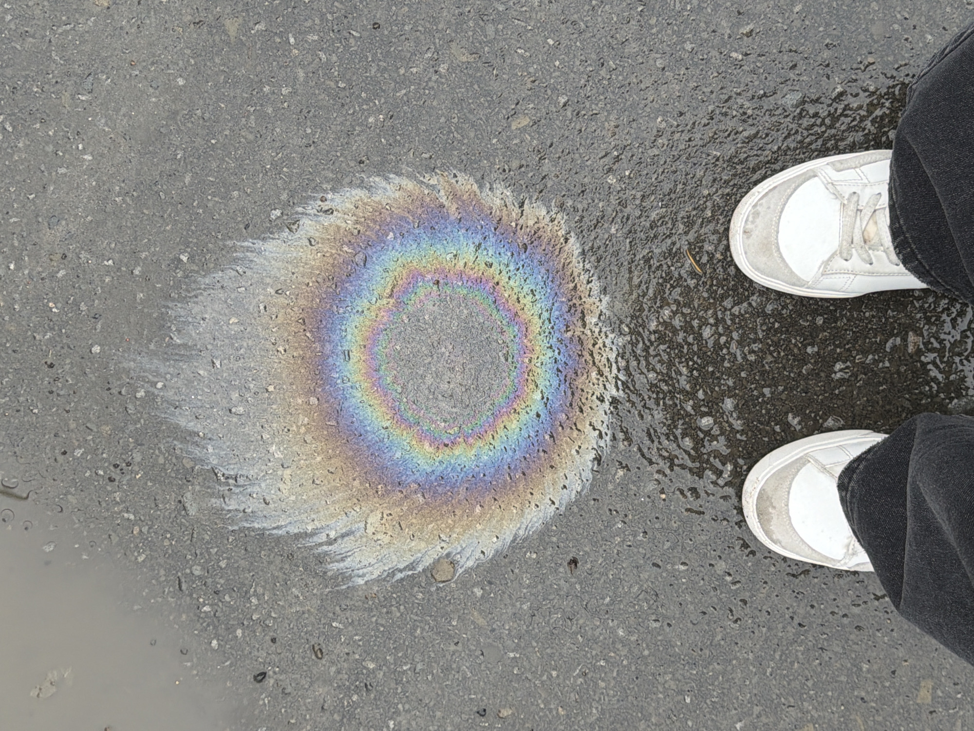 On a wet asphalt surface, likely a street in Rostov-on-Don, Russia, there is a circular oil slick exhibiting rainbow iridescence. To the right of the slick are two white sneakers, partially obscured by dark-colored clothing. The slick shows a radial pattern extending outward, suggesting the direction of flow or spread. The surrounding asphalt is damp, and the overall scene suggests recent or ongoing rainfall.