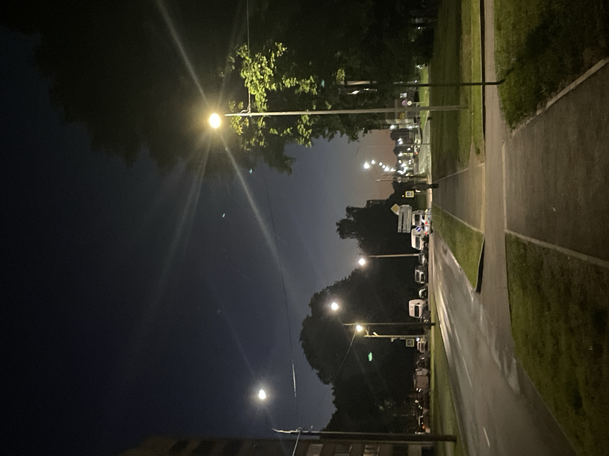 This is a photograph taken at night on an urban street in Minsk, Belarus. The scene depicts a street lined with trees and streetlights, illuminating the road and sidewalk. Several vehicles, including vans and cars, are parked or driving on the road. In the foreground, a sidewalk runs parallel to the street, bordered by a grassy area. In the distance, the street continues with more streetlights and buildings visible. The sky is dark, indicating it is nighttime.