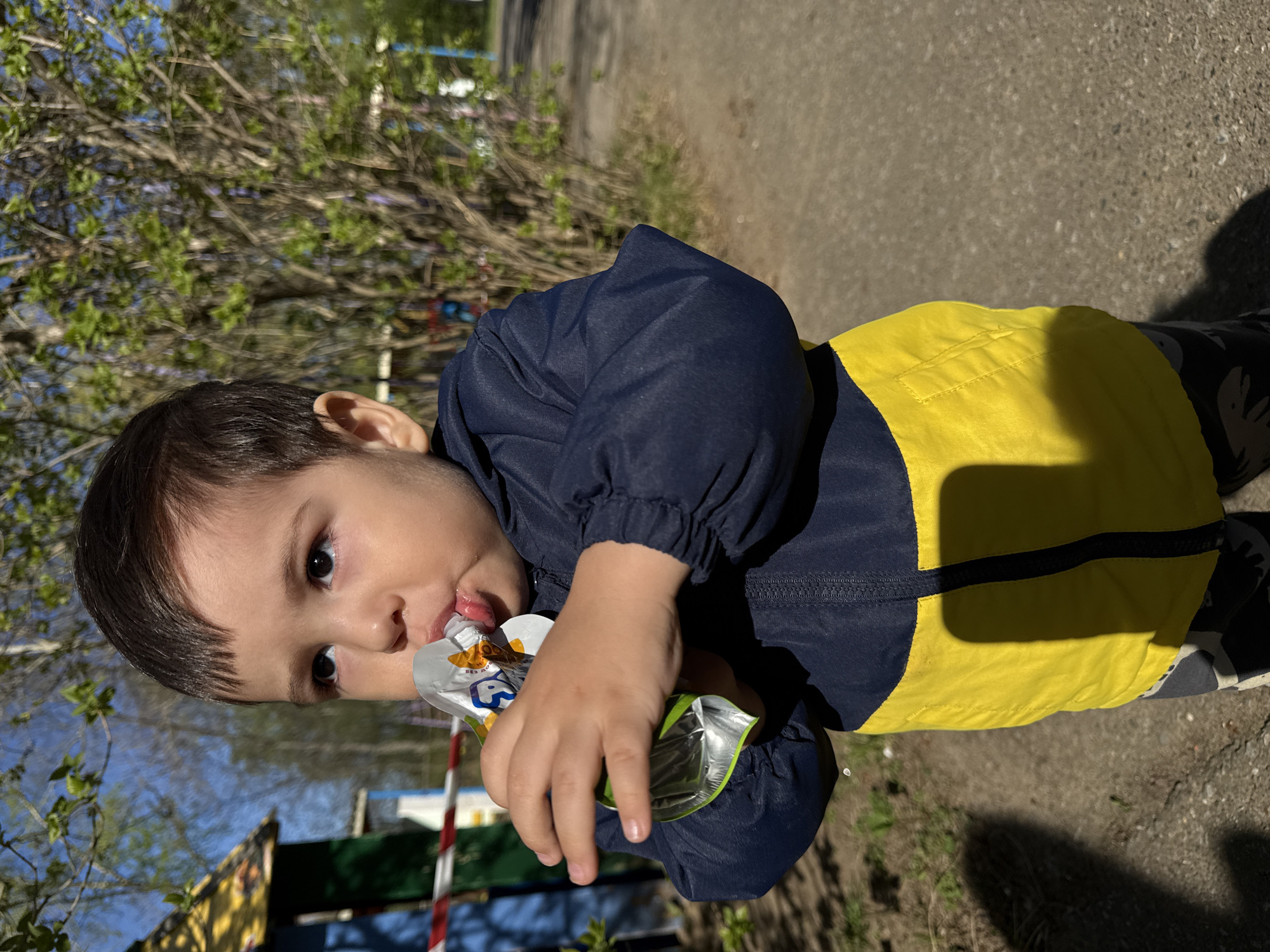 A young child is seen outdoors in what appears to be the city of Chaikovsky, Russia. The child, wearing a navy blue and yellow jacket, is holding and consuming a food pouch. The surrounding environment consists of greenery and a paved surface.