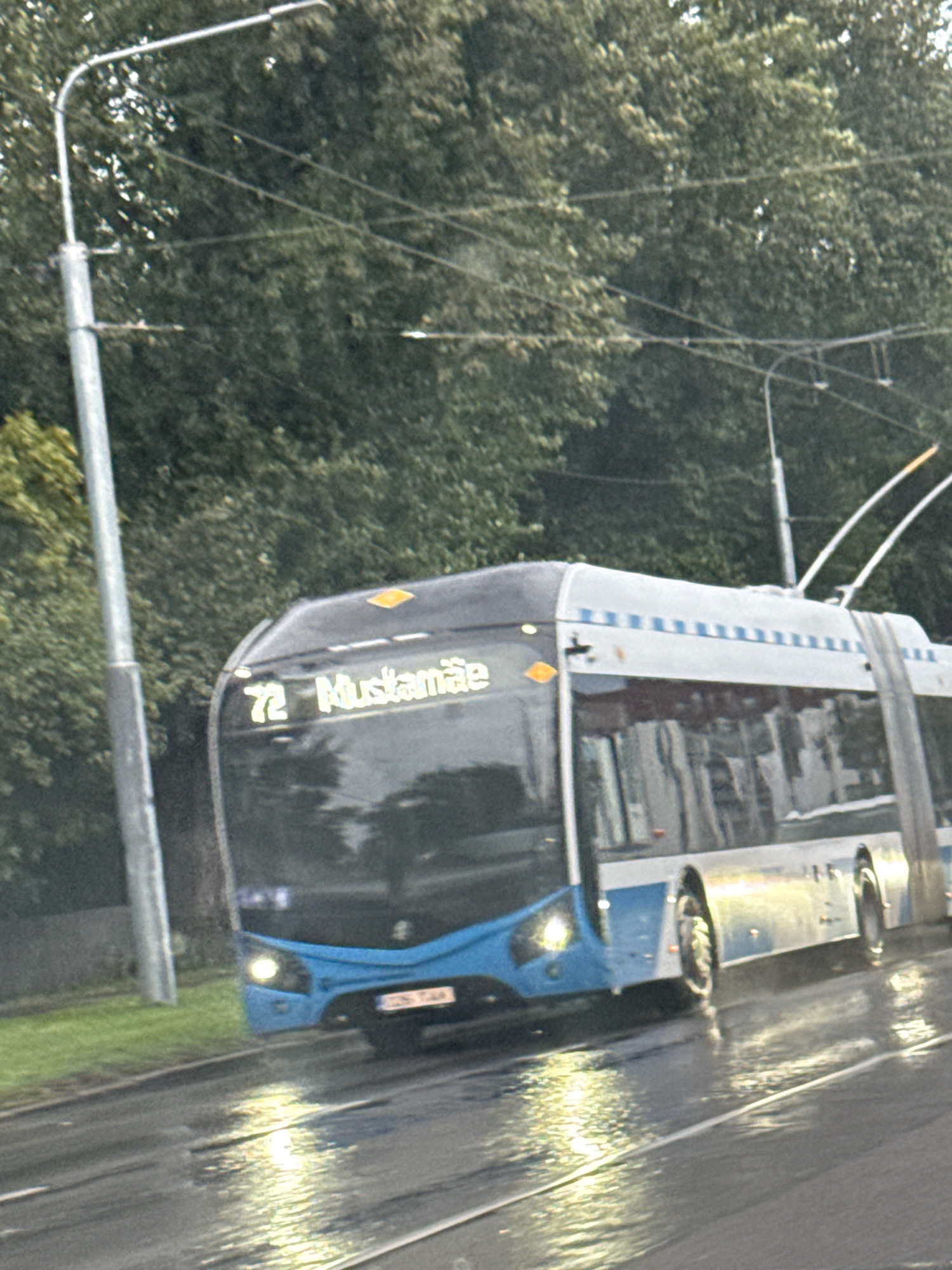 A blue and white articulated trolleybus, numbered 72 and labeled "Mustamäe," travels on a wet asphalt road in Tallinn, Estonia. The trolleybus has illuminated headlights and is connected to overhead power lines by two poles. The road reflects the trolleybus's lights and the surrounding trees. A light pole is visible on the left side of the image. The background consists of dense green trees. The license plate of the trolleybus is partially visible, reading "GZN 744".