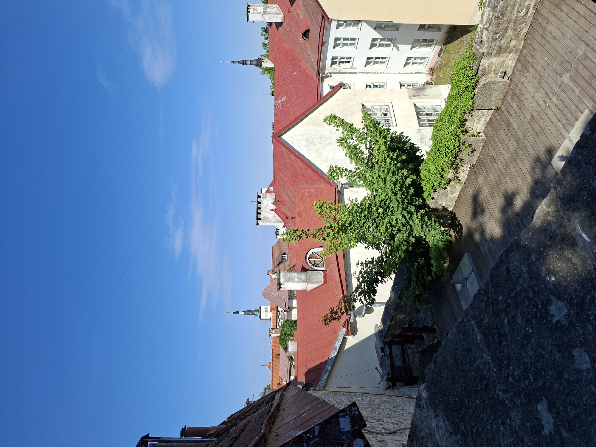 This high-angle shot captures a picturesque view over the red-tiled rooftops and historical buildings of Tallinn, Estonia, under a clear, bright blue sky with a few wispy clouds. The scene is illuminated by bright sunlight, casting distinct shadows and suggesting a late morning or early afternoon time.
The primary subjects are the numerous buildings with their distinctive red-tiled roofs, characteristic of European old towns. Some structures feature cream or off-white facades with multiple windows. A prominent, slender church spire with a green tip rises in the background, typical of Tallinn's medieval architecture. Lush green vegetation, including a vibrant tree in the midground and a line of bushes along a stone wall, breaks up the urban landscape.
In the foreground to the right, a wooden deck or walkway is visible, bordered by an old stone wall. A large, rough stone structure occupies the immediate lower right corner. No people are visible, presenting a serene and static architectural landscape. Faint, thin lines, likely utility wires, traverse the upper part of the sky. On a lower roof edge towards the left, some faint, illegible markings resembling graffiti or stickers can be discerned. The overall setting evokes a sense of history and charm in a sunny, pleasant weather.