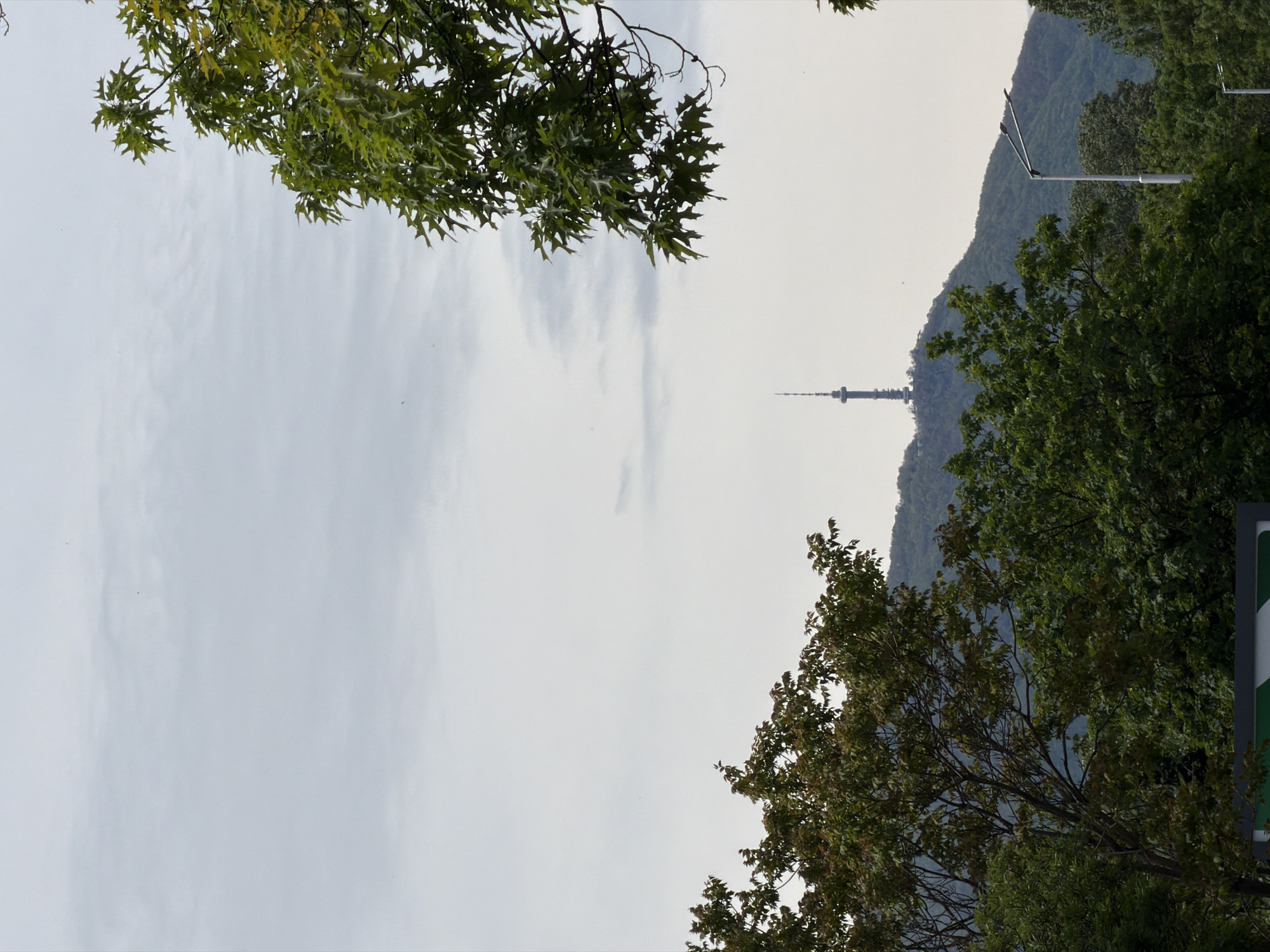 The image presents a view of the Sofia TV Tower, a prominent landmark in Sofia, Bulgaria. The tower is situated on a hill in the background, visible through a gap framed by trees in the foreground. The sky is overcast with cloudy conditions. The composition is taken from a lower perspective, with tree branches and foliage occupying the top and bottom corners of the frame. A lamp post is visible among trees next to the tower.