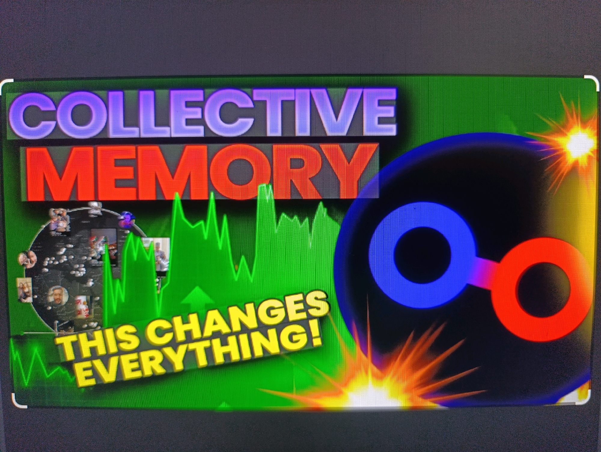 The image is a screenshot of a YouTube video thumbnail. The thumbnail features large, bold text that reads "COLLECTIVE MEMORY" in purple and red letters, stacked on top of each other. Below this, in yellow, is the text "THIS CHANGES EVERYTHING!". The background is predominantly green, with a green line graph indicating fluctuating data. To the right, there is a dark, spherical object with two connected rings on it, one blue and one red. Flashes of orange and yellow light emanate from behind this object, resembling explosions or bright stars. Small circular profile pictures of people are visible within the green graph area on the left. There is no indication or content within the image that relates to Yakhshiaul, Uzbekistan.