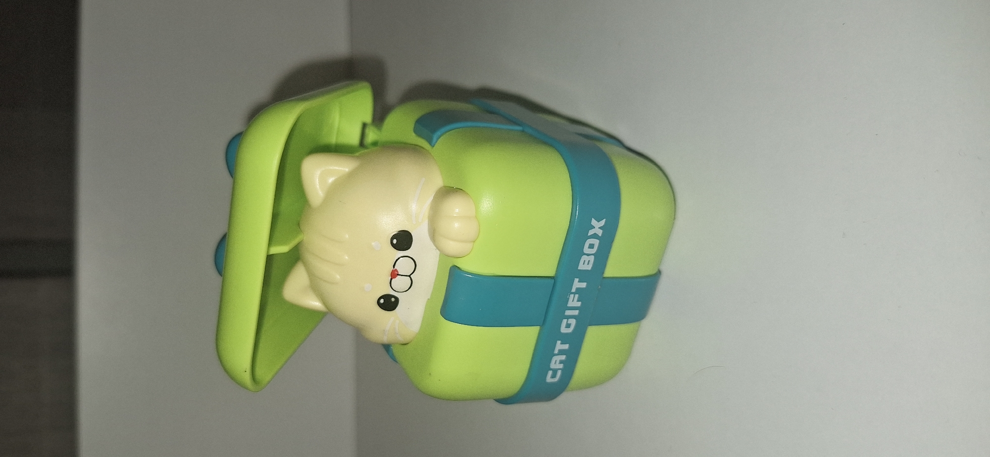 A light yellow cartoon cat figurine is peeking out of a bright green, open gift box. The box has a lid that is slightly ajar, revealing a blue ribbon detail around its middle. The ribbon has white text on it that reads "CAT GIFT BOX". The figurine has large black eyes, a small pink nose, and a happy expression. The background is a plain, light gray surface. This image was taken in Bila Tserkva, Ukraine.