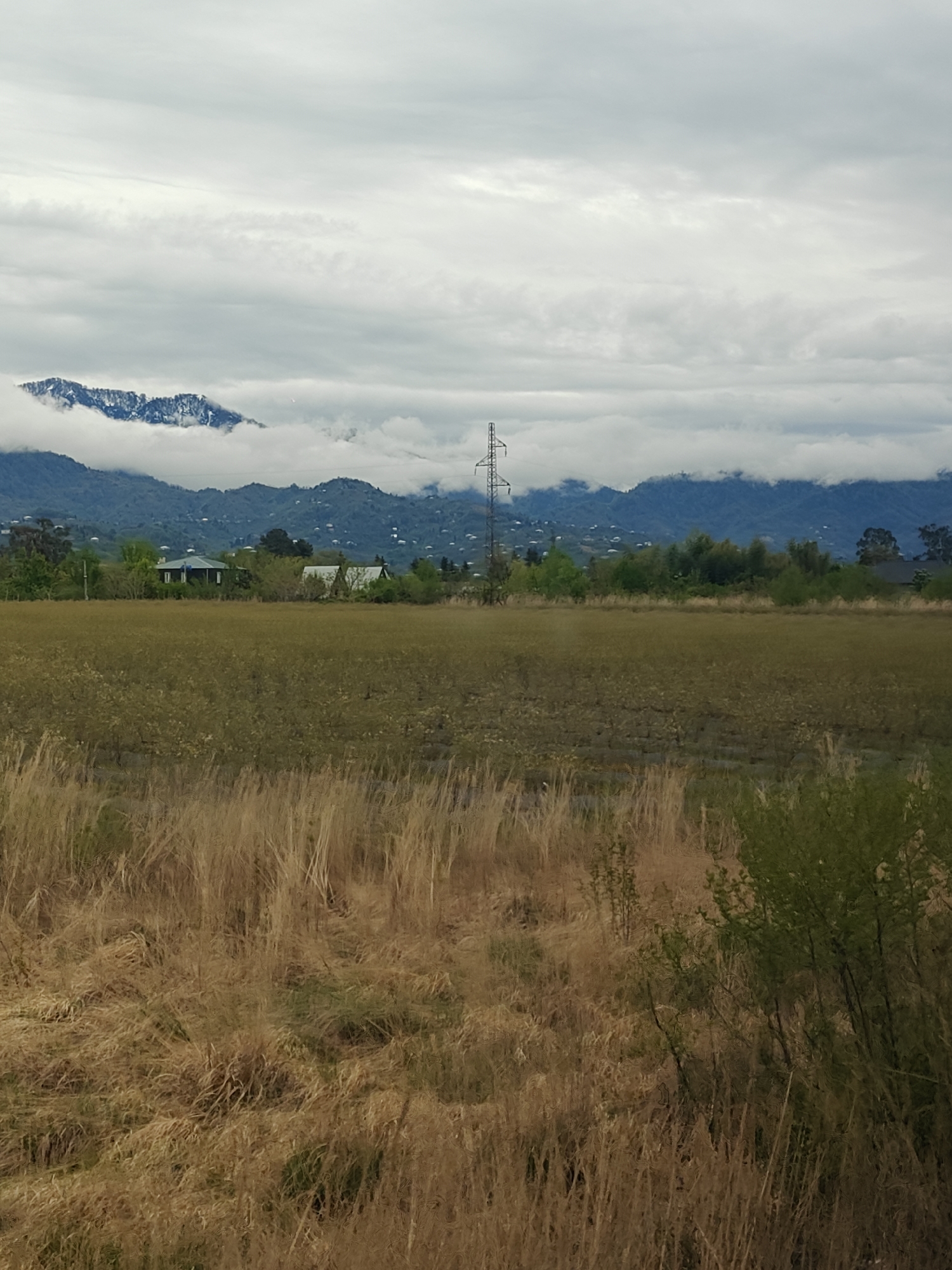 The image captures a landscape scene under an overcast sky. In the distance, mountains are visible, partially obscured by clouds. At the base of the mountains, there is evidence of human habitation with scattered houses and possibly a small town. An electricity pylon stands in the middle ground, breaking the horizon. The foreground is dominated by a field of dry grass with patches of green vegetation. The ground appears damp, possibly reflecting water. There are no people visible in the scene.