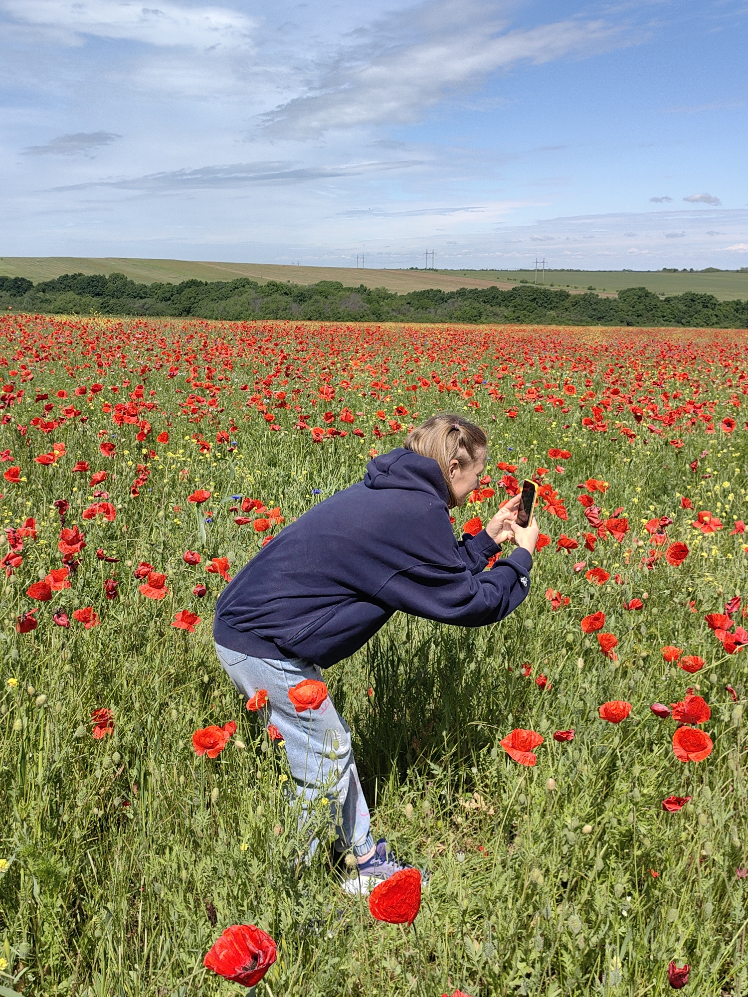 A woman is standing in a field of red poppies, taking a picture with her smartphone. The field stretches out to the horizon, where trees and a grassy hill are visible. The sky is blue with scattered clouds. The woman is wearing a dark blue hooded sweatshirt and light blue jeans. Her hair is pulled back in a ponytail. The location is Ароматновское сельское поселение, Ukraine.