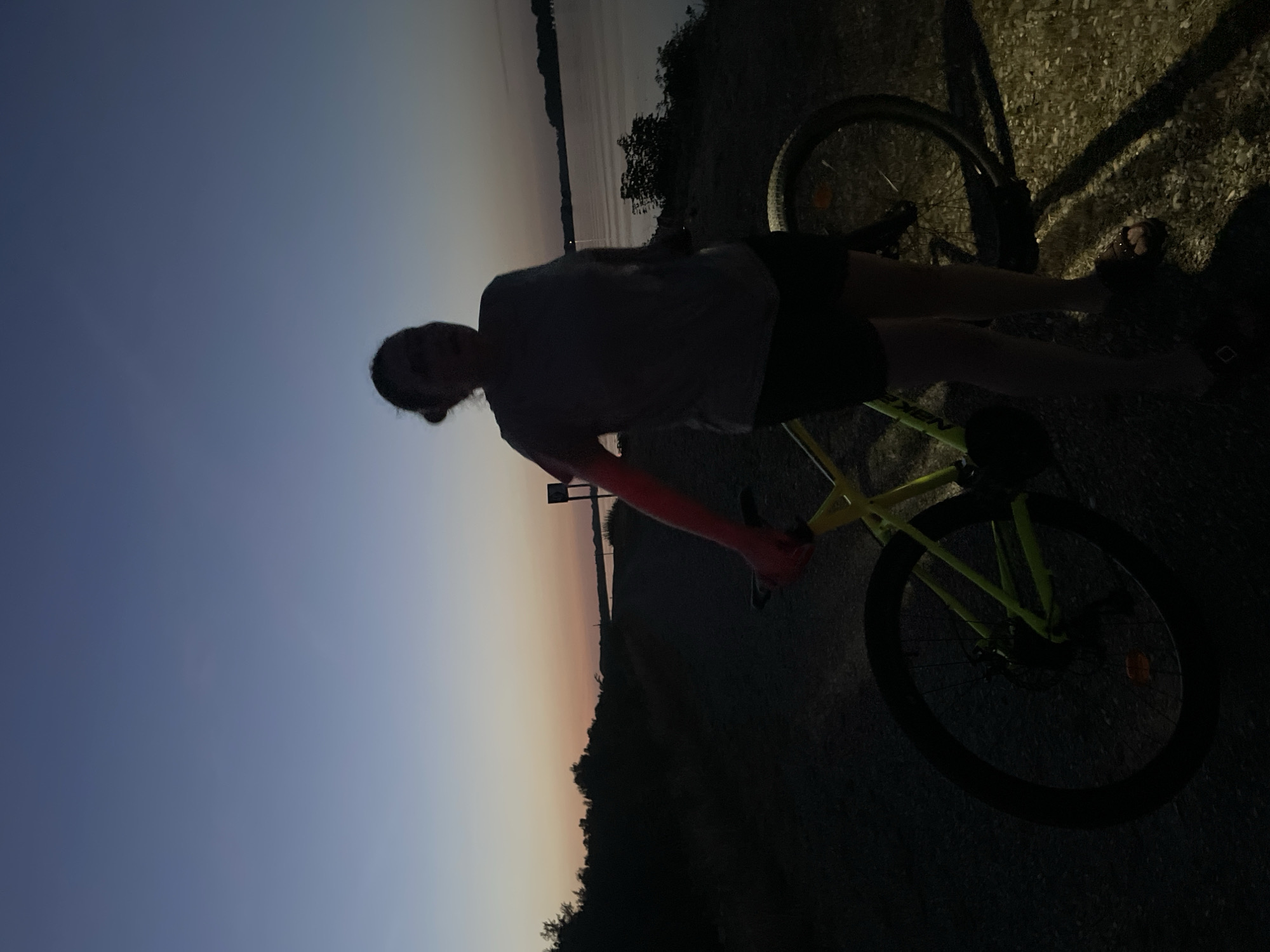 A full-body, silhouetted shot captures a person standing next to a bicycle by a body of water at dusk. The person, wearing a t-shirt and shorts, has their left arm resting on the bicycle's frame. The bicycle is a neon yellow mountain bike with black tires and rims. The ground appears to be a gravel path. In the background, trees line the path on the left, and a wide body of water, possibly a river or lake, stretches across the right side of the frame, with faint lights visible on the opposite shore. The sky displays a gradient of twilight colors, from a deep blue at the top to lighter hues of orange and pink near the horizon. The scene is located in Ottenheim, Germany, near the Rhine River.