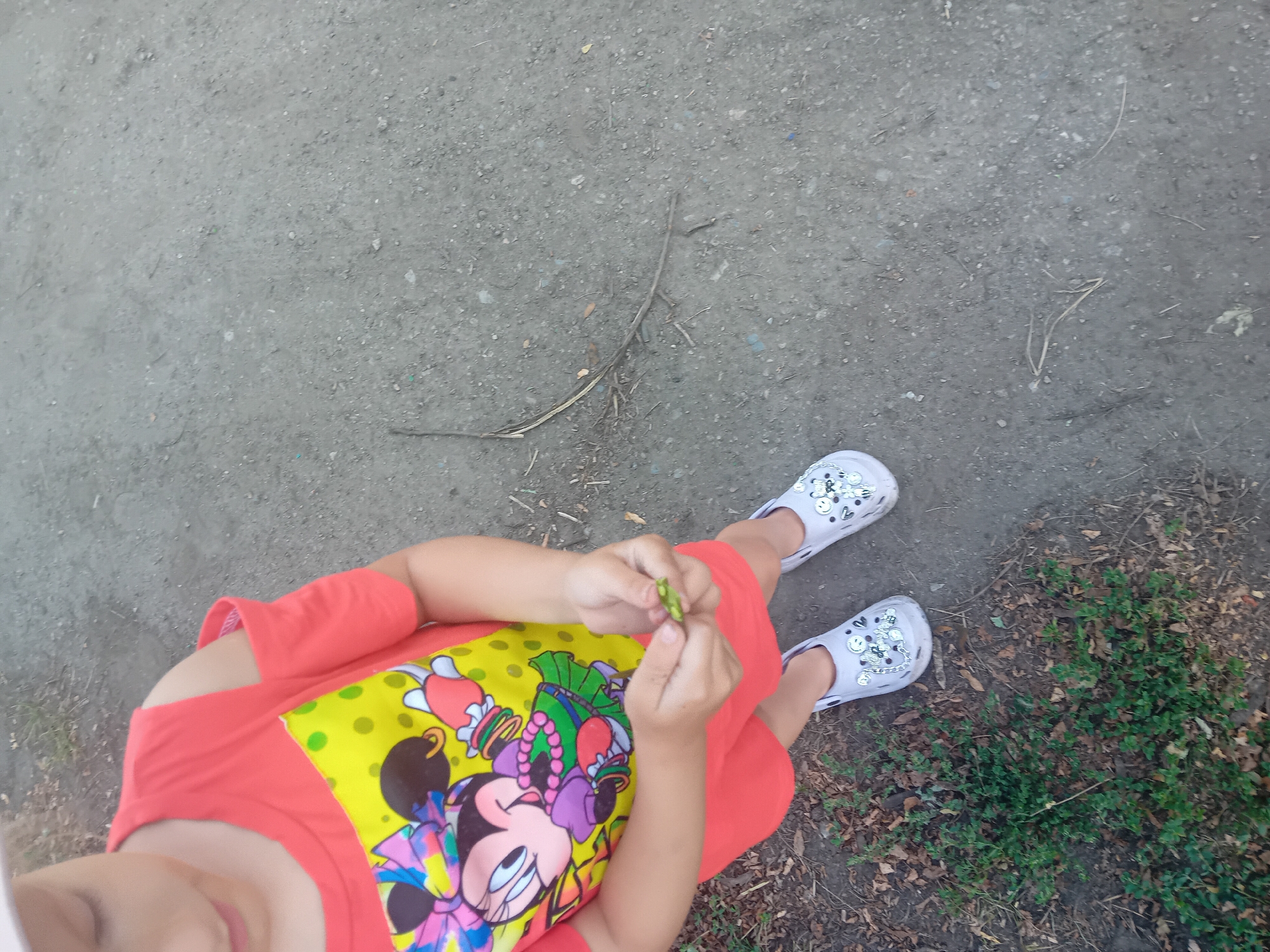 A child wearing a pink t-shirt with Minnie Mouse print and orange shorts stands on a gravel path. The child is holding a small green object in their hands. The child's feet are clad in white clogs decorated with various cartoon characters. The background consists of a mixture of gravel and sparse green vegetation.