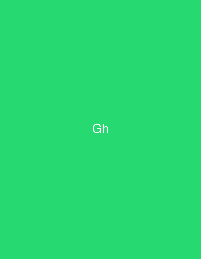 The image displays a solid, uniform field of bright green color. Centered horizontally and vertically on this green background is the white, sans-serif text "Gh". No other people, subjects, objects, or discernible actions are depicted. The scene does not contain any visual cues or elements that indicate a specific geographic location, including the city of Casablanca, Morocco, or any other real-world environment.