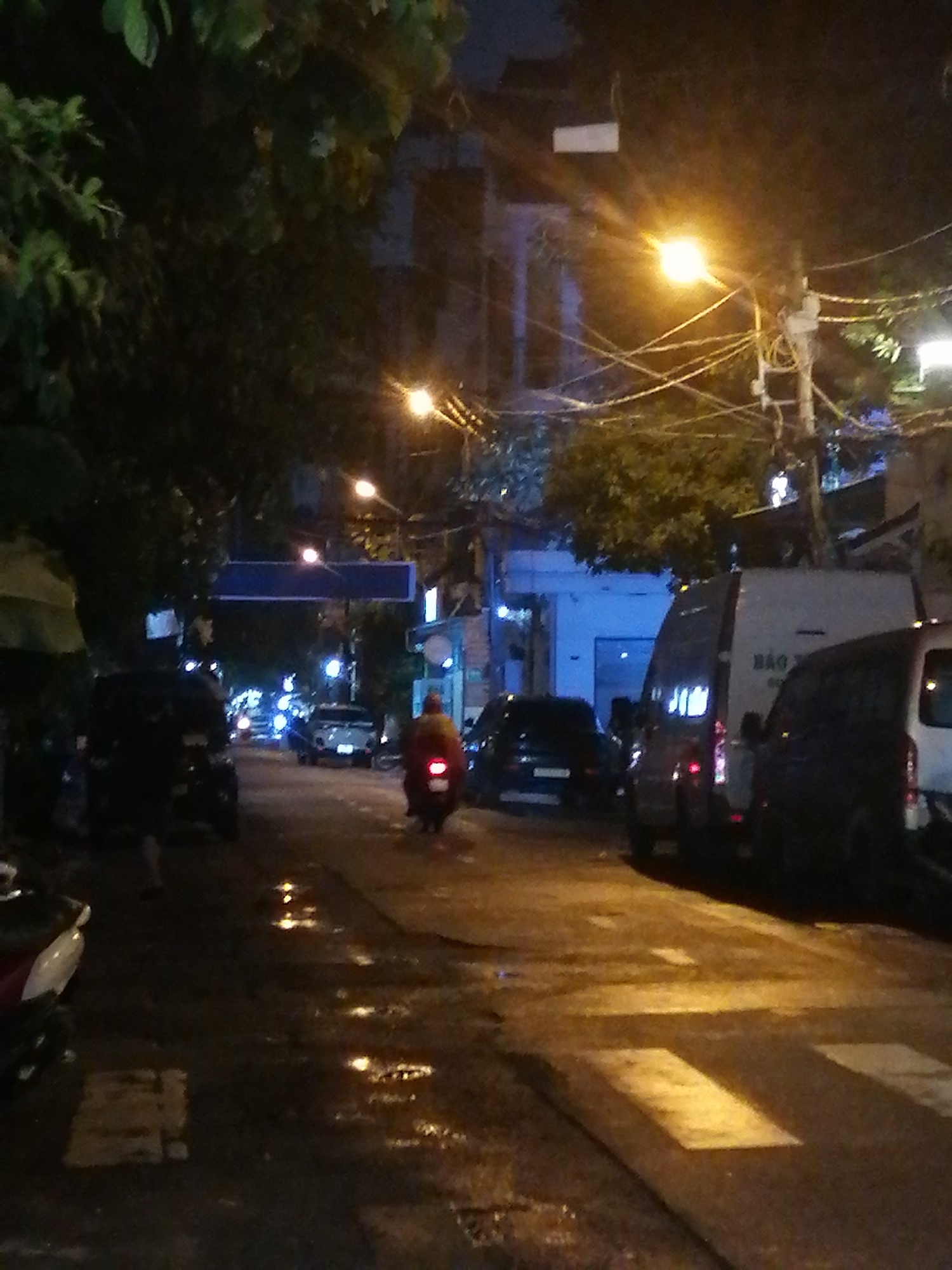 The image captures a nighttime street scene in Ho Chi Minh City, Vietnam. A motorbike is seen riding away from the camera on the right side of the road, its taillight illuminated. Several vehicles, including vans and cars, are parked or driving on the street, which appears to be wet, with reflections of lights visible on the surface. Streetlights and the lights from buildings illuminate the scene. The presence of trees and overhead wires suggests an urban environment.