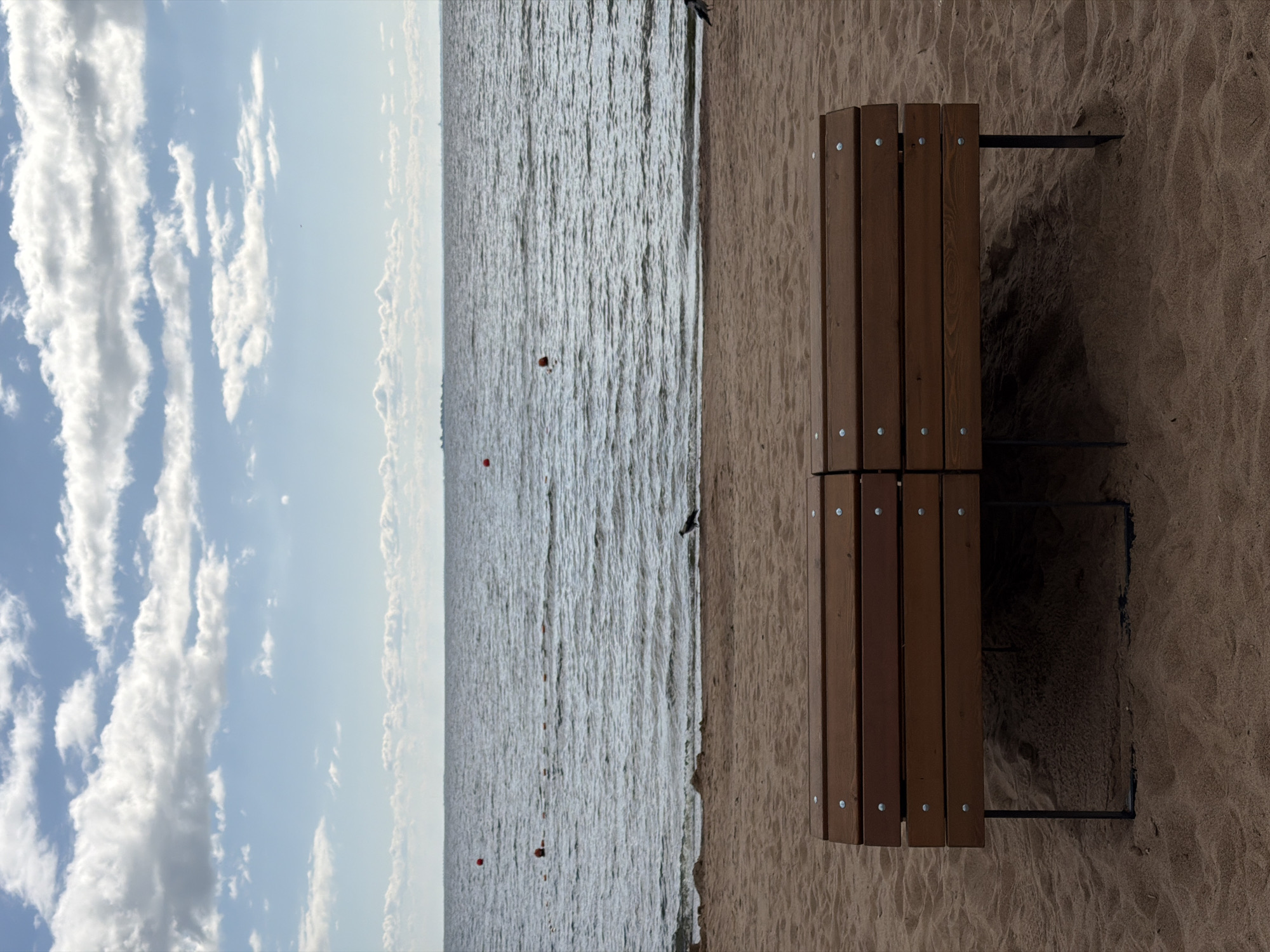 A wooden bench sits on a sandy beach facing a body of water. The water is calm with gentle ripples and appears to be a sea or large lake. Several buoys are visible in the water. The sky above is blue with scattered white clouds. The bench is made of dark wood planks and has metal legs. The beach sand is a light brown color. There are two birds visible on the beach, one closer to the water and another further back. The scene is located in Repino, Russia, a coastal town.