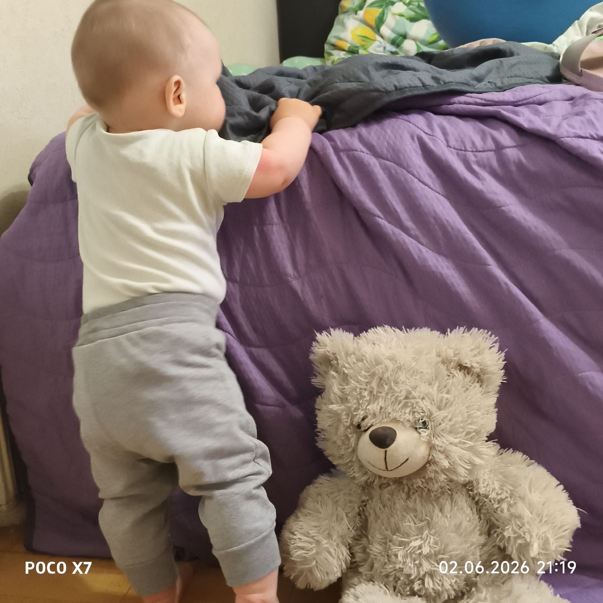 The image presents an indoor scene, likely a bedroom or living area in Chaikovsky, Russia. The primary subject is a baby, seen from the back, standing beside a bed or couch. The baby is dressed in a plain white short-sleeved top and grey sweatpants, holding onto the edge of the furniture with both hands.
Beside the baby, on the wooden floor, sits a fluffy, light brown or grey teddy bear with a black nose and a stitched mouth, its left eye appearing green. The furniture the baby is holding onto is covered with a prominent purple quilted comforter. On top of this, a dark grey blanket or quilt is visible, along with a patterned fabric featuring lemon designs, a light blue object (possibly a bowl or toy), and a light-colored slipper towards the upper right. The background shows a light-colored wall.
The activity captured is the baby practicing standing or exploring, using the furniture for support. The time of day is indicated by the timestamp "21:19" (9:19 PM), suggesting it is evening. No specific weather conditions are discernible from the indoor setting.
Visible text includes "POCO X7" in the bottom left corner, likely a camera watermark, and "02.06.2026 21:19" in the bottom right corner, indicating the date and time the photograph was taken.