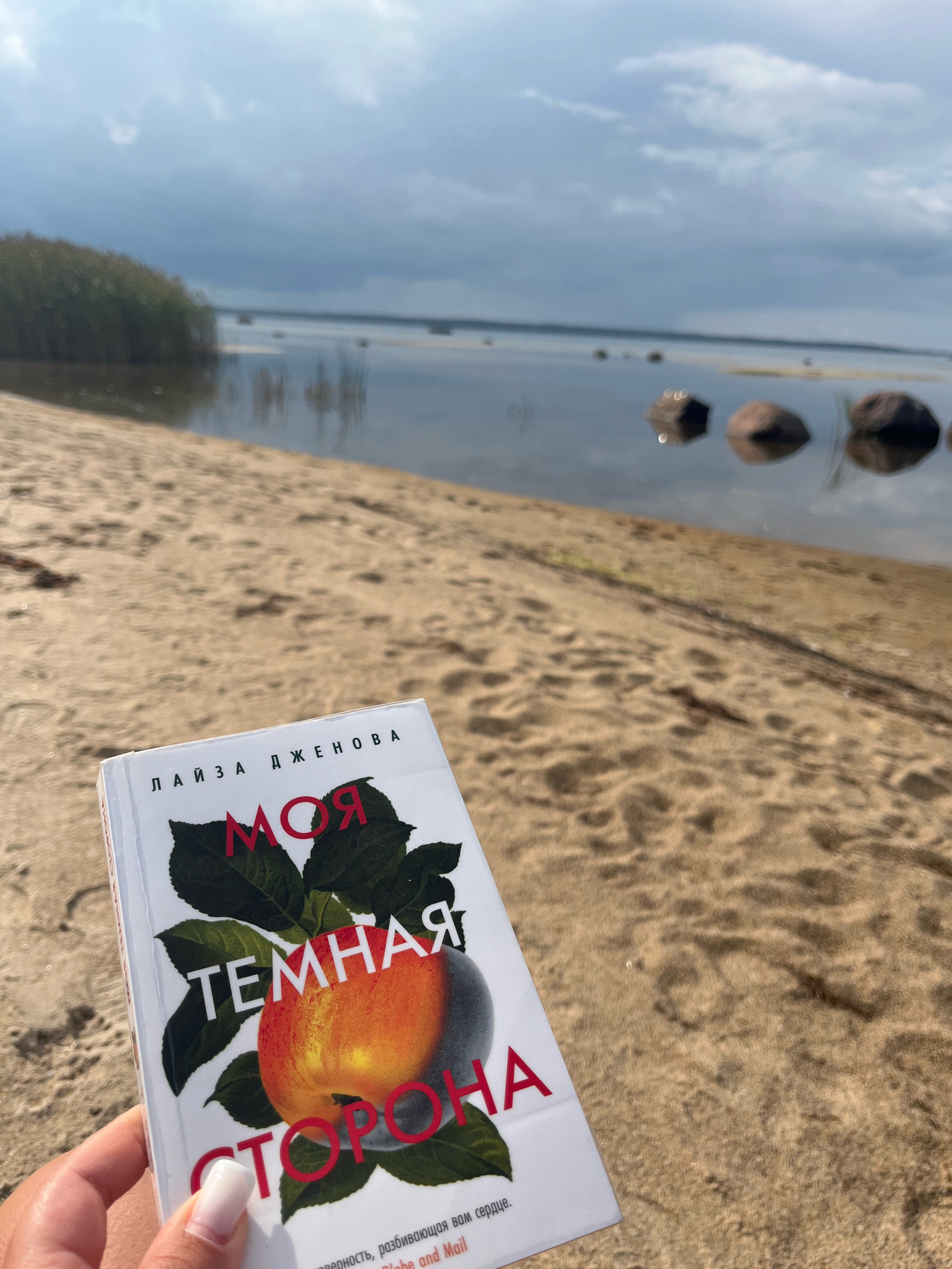 A person's hand with a manicured nail holds a book with a white cover featuring a stylized illustration of a peach or apple surrounded by dark green leaves. The book's title, "МОЯ ТЕМНАЯ СТОРОНА", is prominently displayed in red lettering. In the background, a sandy beach transitions into the calm, reflective water of a bay. A line of dark rocks breaks the surface of the water in the distance, and a dense growth of reeds or tall grass lines the shore to the left. The sky above is overcast with soft clouds. The scene is set in Kaberneeme, Estonia.