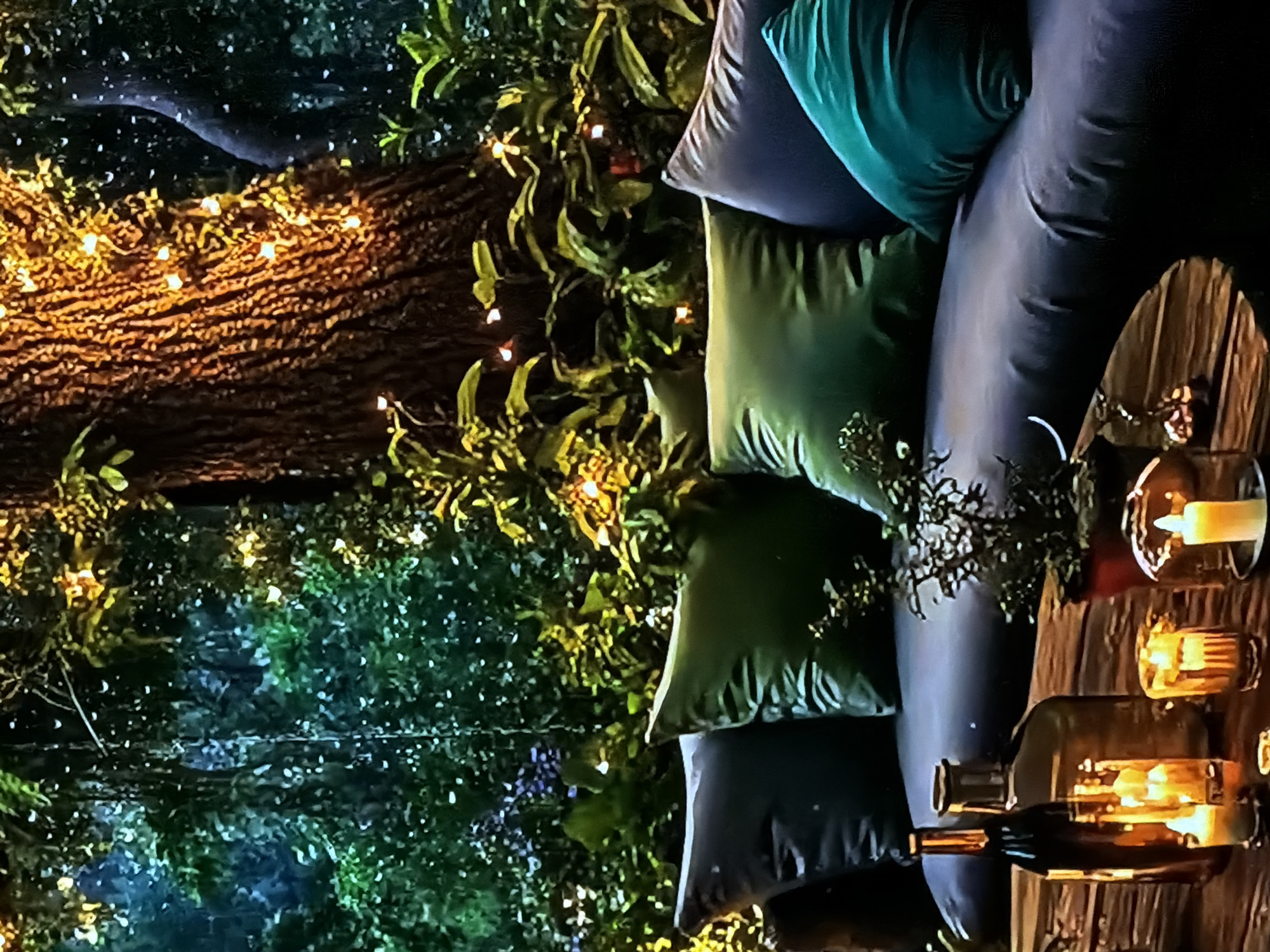 The image captures a cozy outdoor lounge area, likely a garden or patio, illuminated at night in Sofiivska Borshchahivka, Ukraine. A large, textured tree trunk, adorned with numerous warm-toned string lights, dominates the left side of the frame. Lush green foliage, also dotted with lights, frames the tree and extends into the background, creating a vibrant yet subdued natural environment.
To the right, a dark, plush sofa with soft, velvety pillows in shades of emerald green and dark grey invites relaxation. Adjacent to the sofa is a rustic wooden table, featuring a lit white candle in a clear glass holder, a small amber-glowing lantern or candle, and a reflective glass bottle, all contributing to the warm, intimate lighting. The scene is set at night or late evening, indicated by the prominent artificial lights and overall dim ambiance. This tranquil outdoor setting exudes a sense of peace and comfort, ideal for unwinding or intimate gatherings. No individuals or written text are visible.