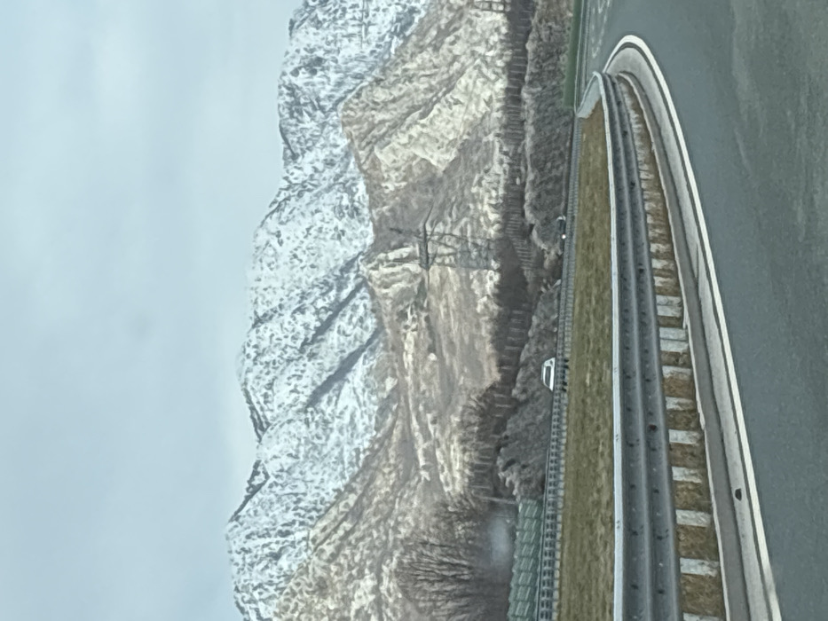 A wide shot depicts a mountainous winter landscape near Pelev Brijeg, Montenegro, under an overcast sky. In the foreground, a multi-lane asphalt highway curves sharply to the right, featuring a silver metal guardrail with white and beige vertical markings at its base. A grassy median separates the foreground road from distant lanes. On the distant road segment, two vehicles are observed: a light-colored minivan or SUV on the left lane and a darker vehicle further ahead on the right lane.
Beyond the highway, the terrain rises, initially with brown, sparse vegetation and bare deciduous trees. A prominent metal lattice electricity pylon stands on a middle-ground slope. Further back, large mountains dominate the horizon, their upper slopes extensively covered in white snow, contrasting with the lighter, rocky, and less vegetated lower mountain sections. A green sound barrier or fence is visible alongside the distant highway segment on the left.