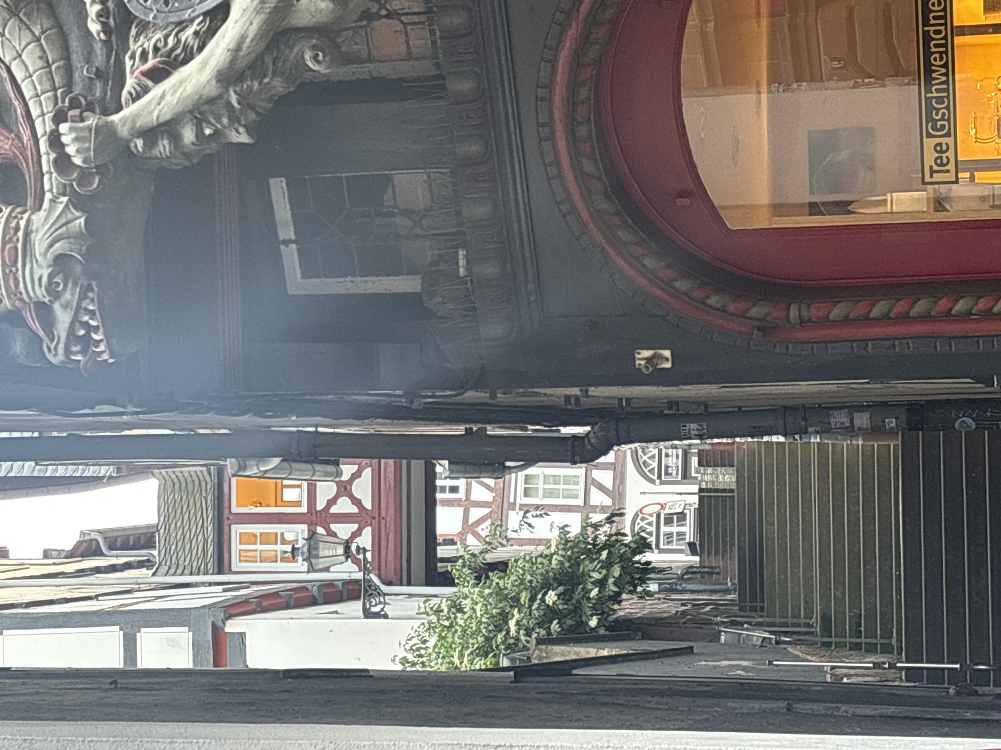 The image depicts a street scene in Marburg, Germany, viewed from a low angle. The foreground consists of a rooftop with pipes running across it. In the midground, a bush grows on a rooftop, partially obscuring half-timbered houses in the background. The buildings are predominantly white with red and brown detailing.
Overhead, the elaborate facade of a building looms. A decorative sculpture with a dragon motif is prominently displayed. Adjacent to it is a large window, marked with the words "Tee Gschwendner" in German.