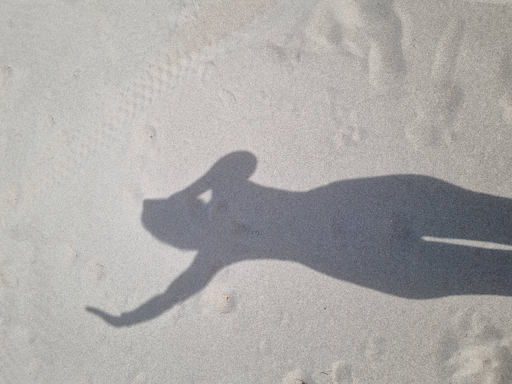 The image shows the shadow of a person lying on a sandy surface, likely a beach. The person appears to be lying on their side with one arm outstretched. The other arm is bent, with the hand near the head. The location, Chaikovsky, Russia, is not evident from the image. The scene consists of sand and a shadow. The sun is the source of the light. The person appears to be interacting with the sand by lying on it.