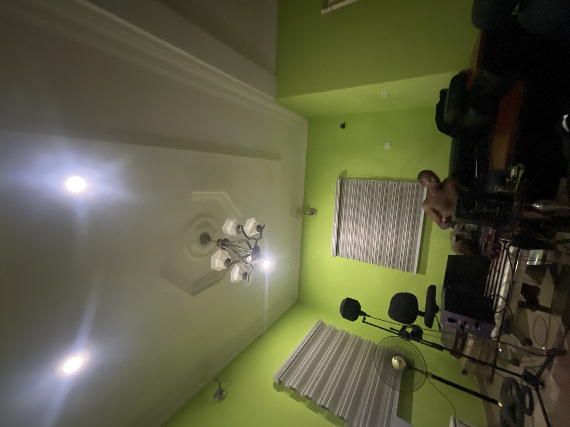 A room with a lime green wall is viewed from a low angle. Two white window blinds are positioned on the wall. A partially visible man is in the room. A black microphone and fan are in the center of the room. A chandelier is on the ceiling, which is partially white. Based on the limited information, a precise location within Abuja, Nigeria, cannot be determined.