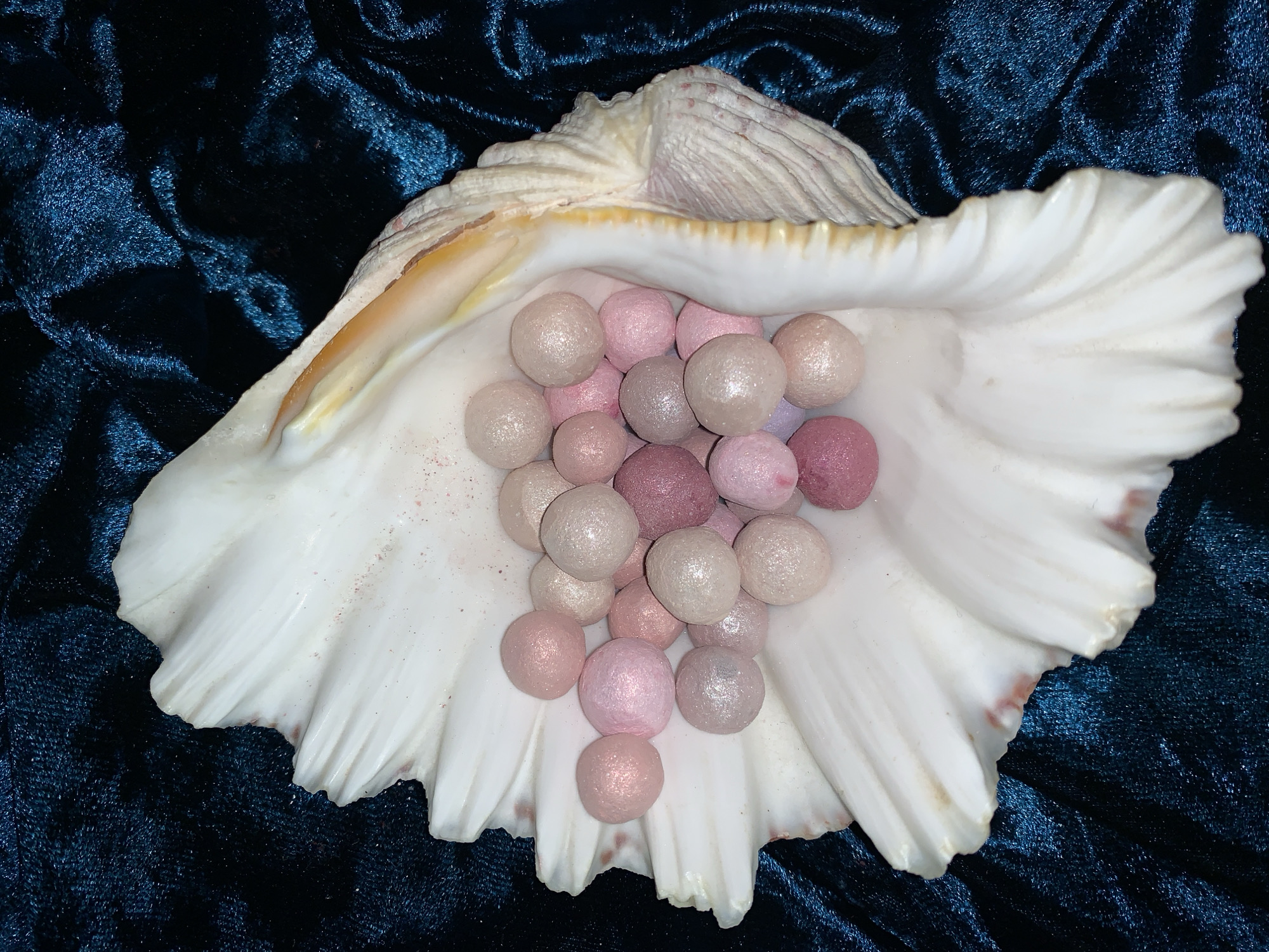 A close-up studio shot depicts a white seashell resting on a dark blue, velvety fabric. The interior of the seashell is filled with numerous spherical objects in shades of pink, lavender, and beige. The shell's surface has ridges and textures, while the surrounding fabric displays intricate patterns and folds. The scene is well-lit, emphasizing the textures and colors of the objects.