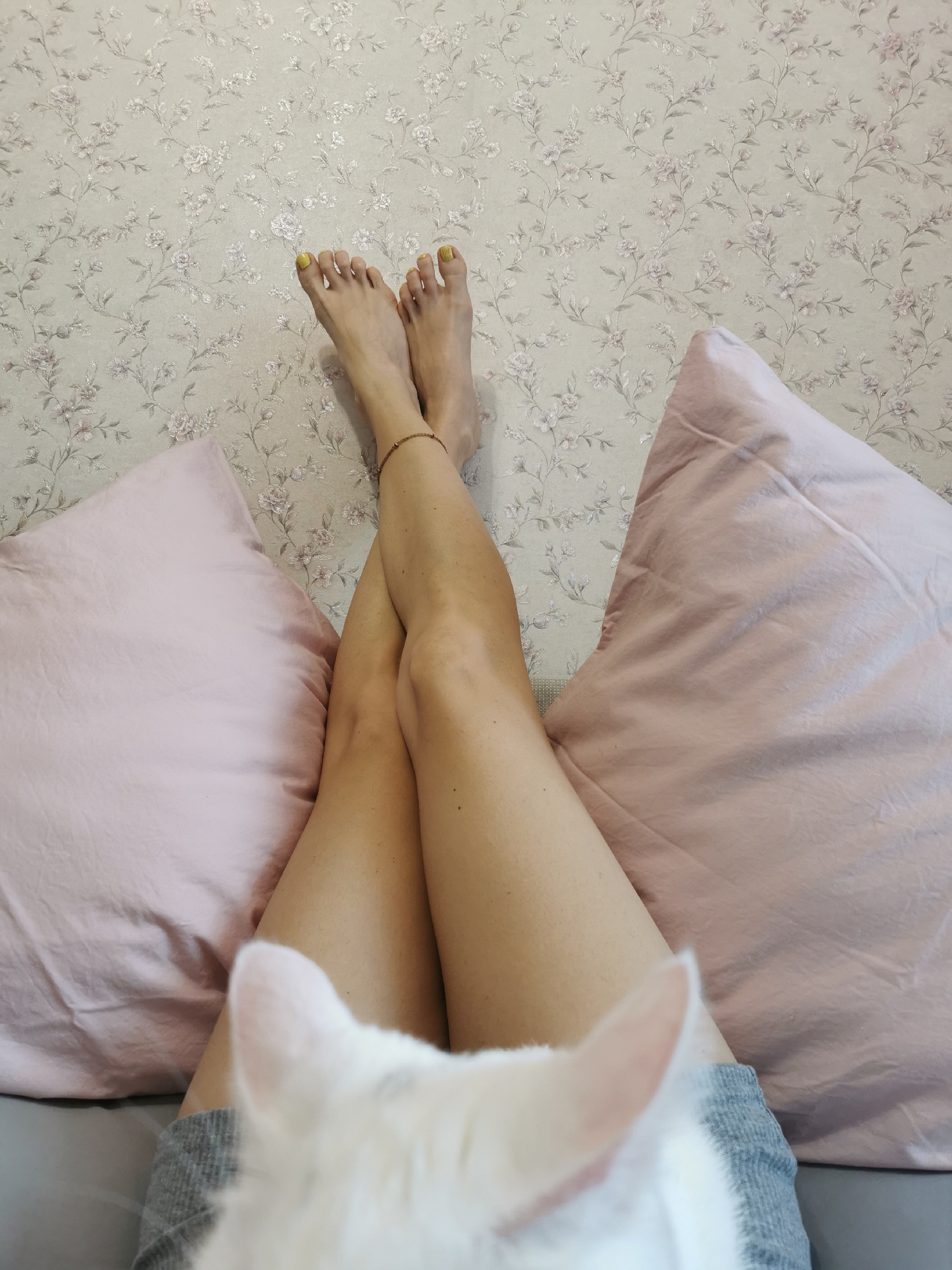 The image shows a view from above of a person lying on a bed with their legs crossed. The person's feet are visible at the top of the frame, with yellow nail polish on the toenails. An anklet is worn on the lower right leg. The person's legs rest on two pink pillows. At the bottom of the frame, a portion of a white cat is visible, partially obscuring the person's lap. The person is wearing grey shorts. The background is a light-colored wall with a floral pattern. The location is Unknown, Unknown.
