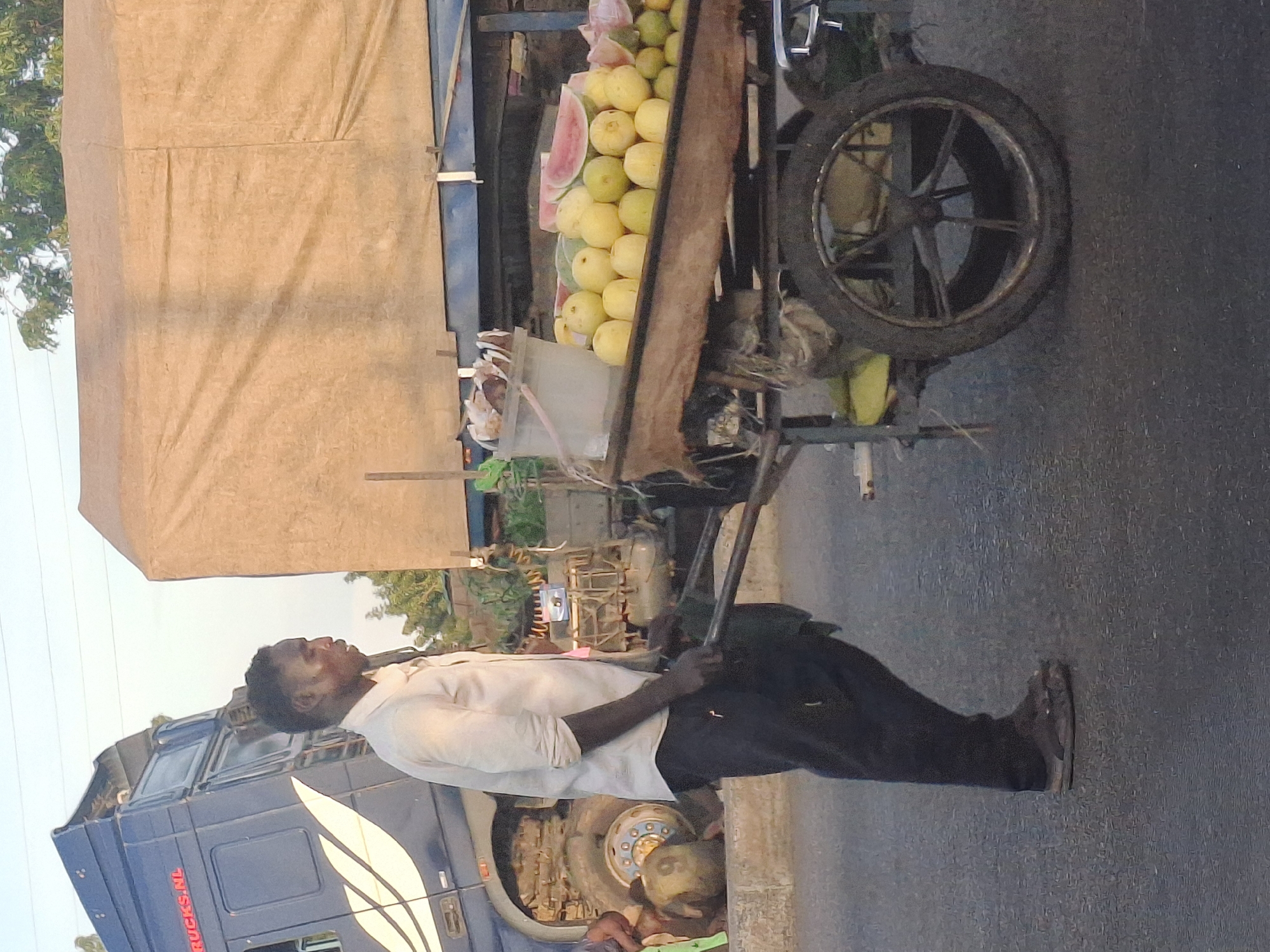 A man, appearing to be of African descent, pushes a fruit cart beside a large truck. The man is wearing a light-colored long-sleeved shirt and dark pants. The fruit cart is laden with various fruits, including watermelons, guavas, and what appear to be pineapples. In the background, a large truck with a blue cab and a tan tarp-covered trailer is parked. The scene appears to be in an outdoor urban environment, possibly a street or market area. The ground is paved, and there are some trees and vegetation visible in the distance. The sky is a light blue, suggesting it is daytime. The image quality is moderate, with some graininess. The specific location in Gombe, Nigeria cannot be definitively determined from the visual information alone.