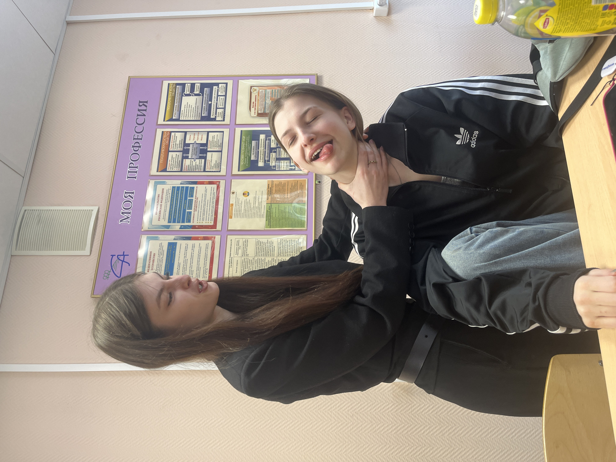Here's a detailed description of the image:
**Scene:** An indoor setting, likely a classroom, given the presence of posters and desks. The scene seems staged, as two young women are interacting in a contrived way.
**People:**
* **Woman 1:** A young woman with long brown hair, dressed in black clothing (possibly a jacket and pants with a belt), is positioned behind and slightly to the side of Woman 2. Her right hand is on Woman 2's neck.
* **Woman 2:** A young woman with short brown hair is in front, and has her head turned up and back. She is wearing an Adidas brand black jacket with white stripes, and what appears to be gray sweatpants. Her expression includes an open mouth with her tongue sticking out, as if in discomfort or play.
**Objects:**
* Educational posters: In the background, there are several posters in Russian.
* Desks: A light-colored wooden desk is visible on the right side of the image.
* A bottle of Lipton ice tea and a bag
**Actions and Interactions:**
* Woman 1 appears to be playfully choking Woman 2. The expression on Woman 2's face indicates she is enjoying the interaction.
**Location and City:**
* Given the Russian writing on the posters and materials, the image is likely taken in Russia. The city of Saint Petersburg cannot be identified as the specific location of the photo.
**Environment:**
* The background is a light pink wall, and what seems to be a air vent.