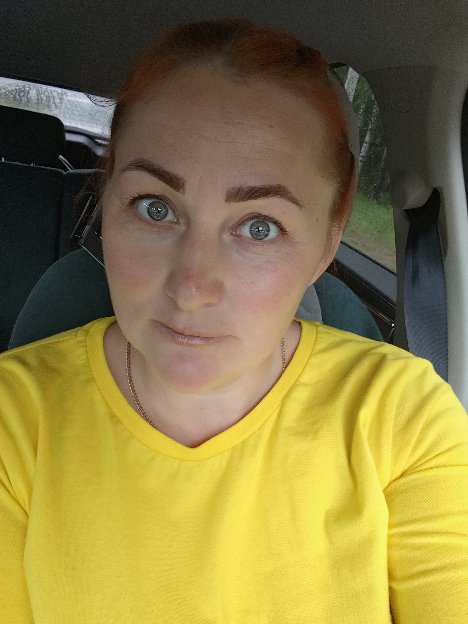 A close-up selfie shows a woman with reddish-brown hair and striking blue-green eyes looking directly at the camera. Her eyebrows are well-defined, and she has a fair complexion with a slight flush on her cheeks and a faint red mark on her nose. Her lips are a neutral, light shade, slightly parted. She is wearing a bright yellow, long-sleeved t-shirt and a delicate gold-colored chain around her neck.
The setting appears to be inside a car, with elements of the vehicle's interior visible behind her, including dark green headrests and a grey seatbelt on the right. Through the car windows in the background, a rainy, overcast outdoor environment is visible, with blurred green foliage and what appears to be a wet car window, suggesting light rain or recent precipitation. The lighting is soft and even, typical of an overcast day. Her expression is somewhat neutral, with a slight hint of curiosity or mild surprise due to her wide eyes and slightly raised eyebrows. There is no visible text in the image. The location is Chaikovsky, Russia.