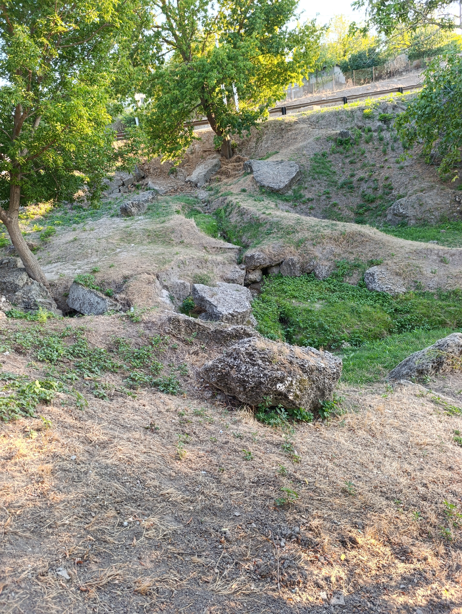 The image depicts a natural landscape with several large rocks scattered across a grassy, uneven terrain. There are trees with green foliage in the foreground and background, suggesting an outdoor environment. A metal guardrail and a fence are visible on a higher elevation in the background, indicating the proximity of a road or pathway. The ground is covered with dry grass and some sparse green vegetation. The lighting suggests it is daytime, with sunlight illuminating parts of the scene. There are no people or animals visible in the image. The scene appears to be an undeveloped area with natural rock formations.