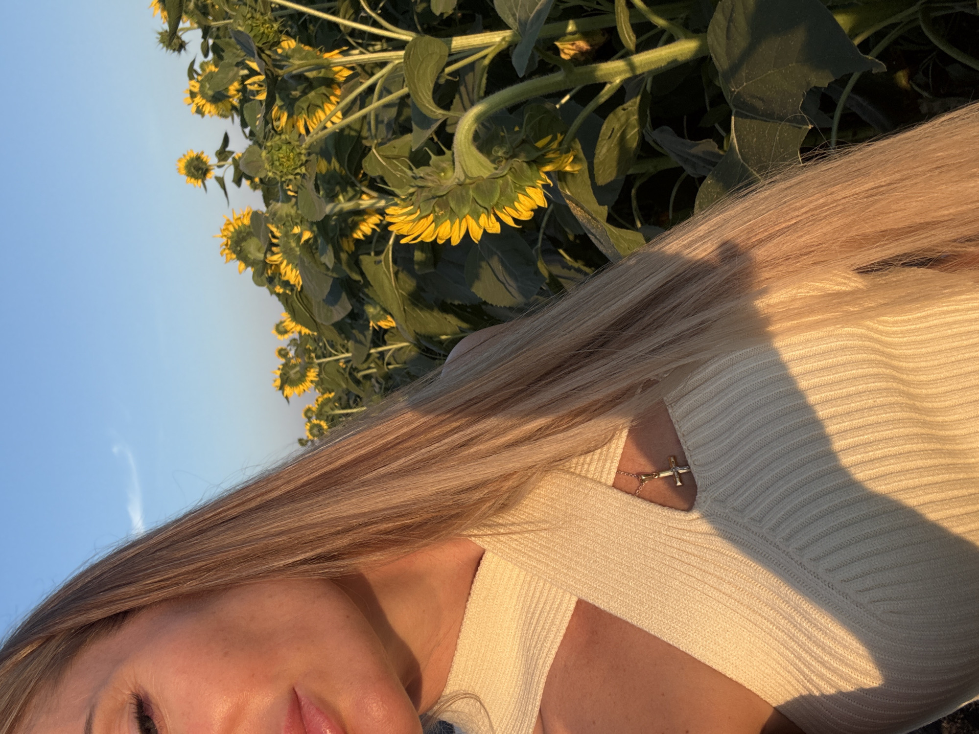 In Peski, Russia, a woman with blonde hair stands in a field of sunflowers under a clear blue sky during sunset. She is wearing a cream-colored, ribbed top with a criss-cross neckline and a small gold cross necklace. The golden hour sunlight casts a warm glow on her face and the surrounding sunflowers, many of which are facing away from the camera. The image is framed from the woman's chest up, focusing on her and the sunflowers.