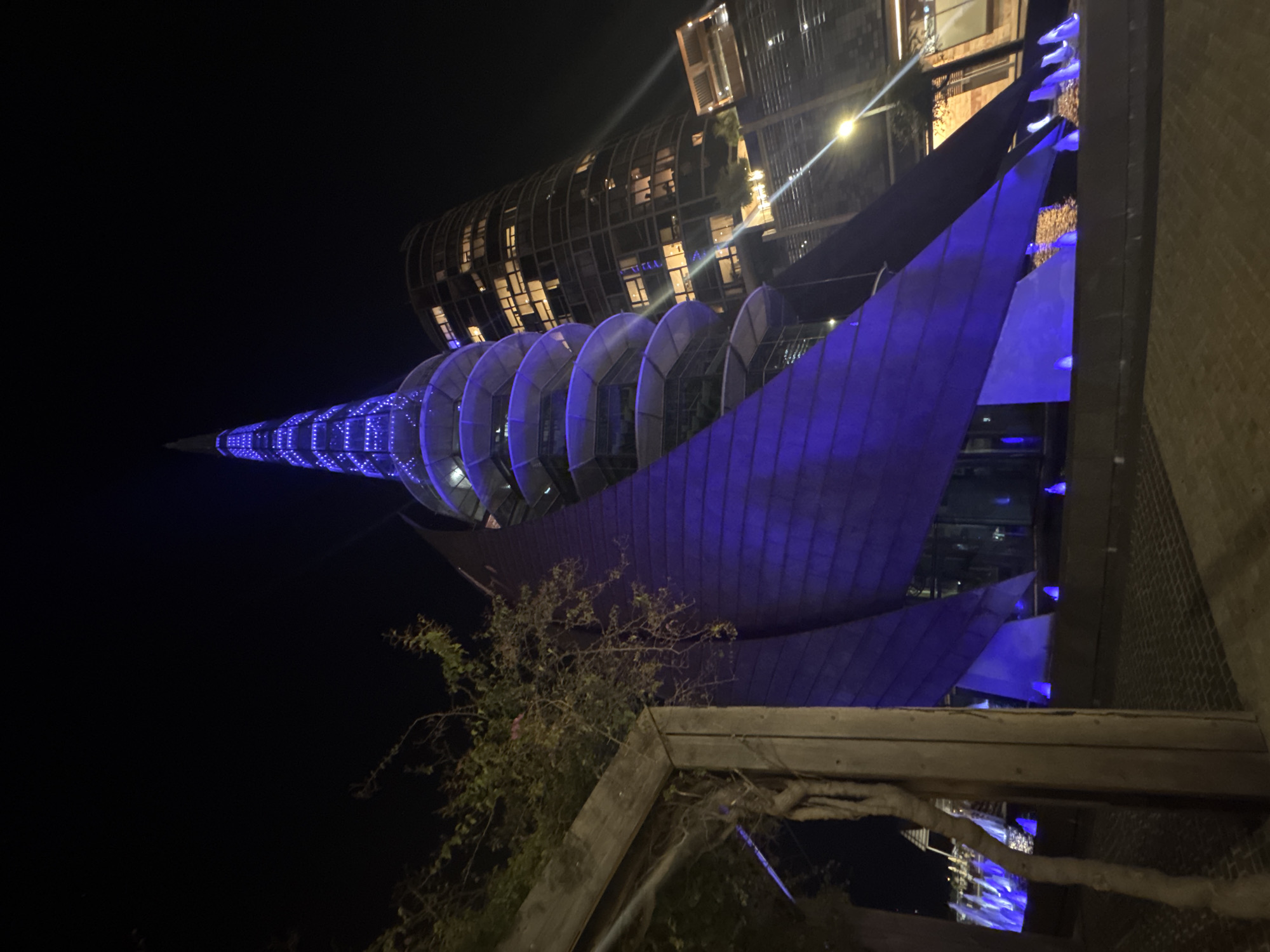 The media file displays a nighttime scene in Perth, Australia, focusing on modern architectural structures. The main subject is the Elizabeth Quay Spire, a tall, conical landmark illuminated with vibrant blue LED lights arranged in a spiraling pattern. Adjacent to the spire, a large, multi-story building with a curved glass and steel facade is visible, its many windows glowing with warm yellow light from within.
Below these structures, large, angular architectural elements, resembling sails or abstract forms, are also bathed in the same striking blue light, creating a cohesive visual theme. In the foreground, dark foliage and a rustic wooden railing or planter box are partially visible, offering a natural element against the sleek, illuminated architecture. The sky is completely dark, confirming the time of day as night. No people or specific activities are captured in the frame. The overall impression is one of modern urban beauty and a serene nighttime ambiance. No visible text is present in the image.