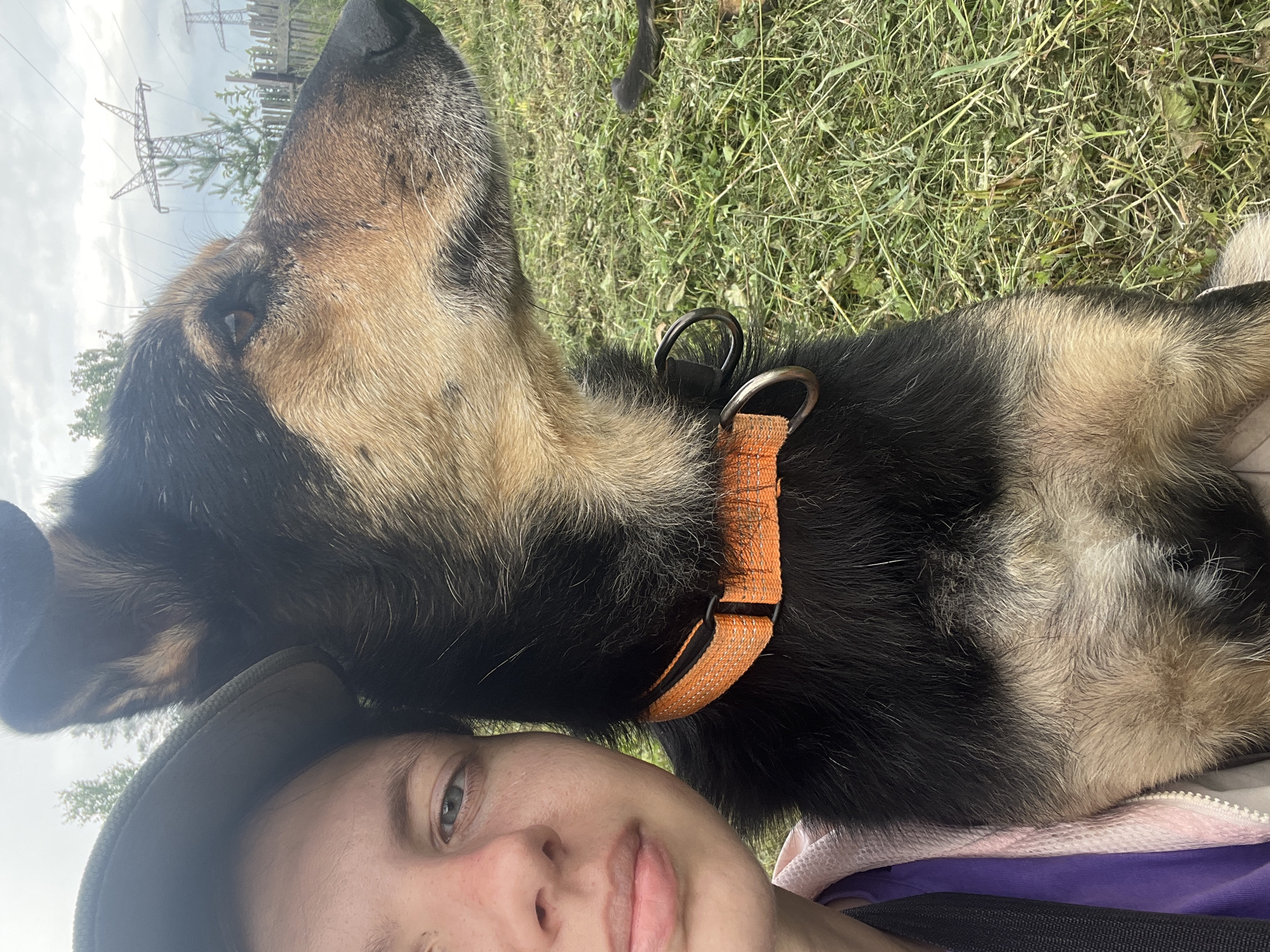 The image is a close-up, high-angle selfie of a person lying down with a dog outdoors. The person is wearing a dark green cap and a light-colored jacket over a purple garment. Their face is partially visible, looking upwards, with a neutral expression. The dog, a German Shepherd mix with black, tan, and white fur, is lying next to the person, with its head resting in the foreground. The dog is wearing an orange collar with metal rings. The background consists of green grass and some dry vegetation. In the distance, a power line tower and some trees are visible under a cloudy sky. The image appears to be taken in the daytime, with overcast weather. The setting suggests a rural or park-like environment. The overall mood is relaxed and casual. No visible text is present in the image. The location context provided is Nizhny Tagil, Russia.
