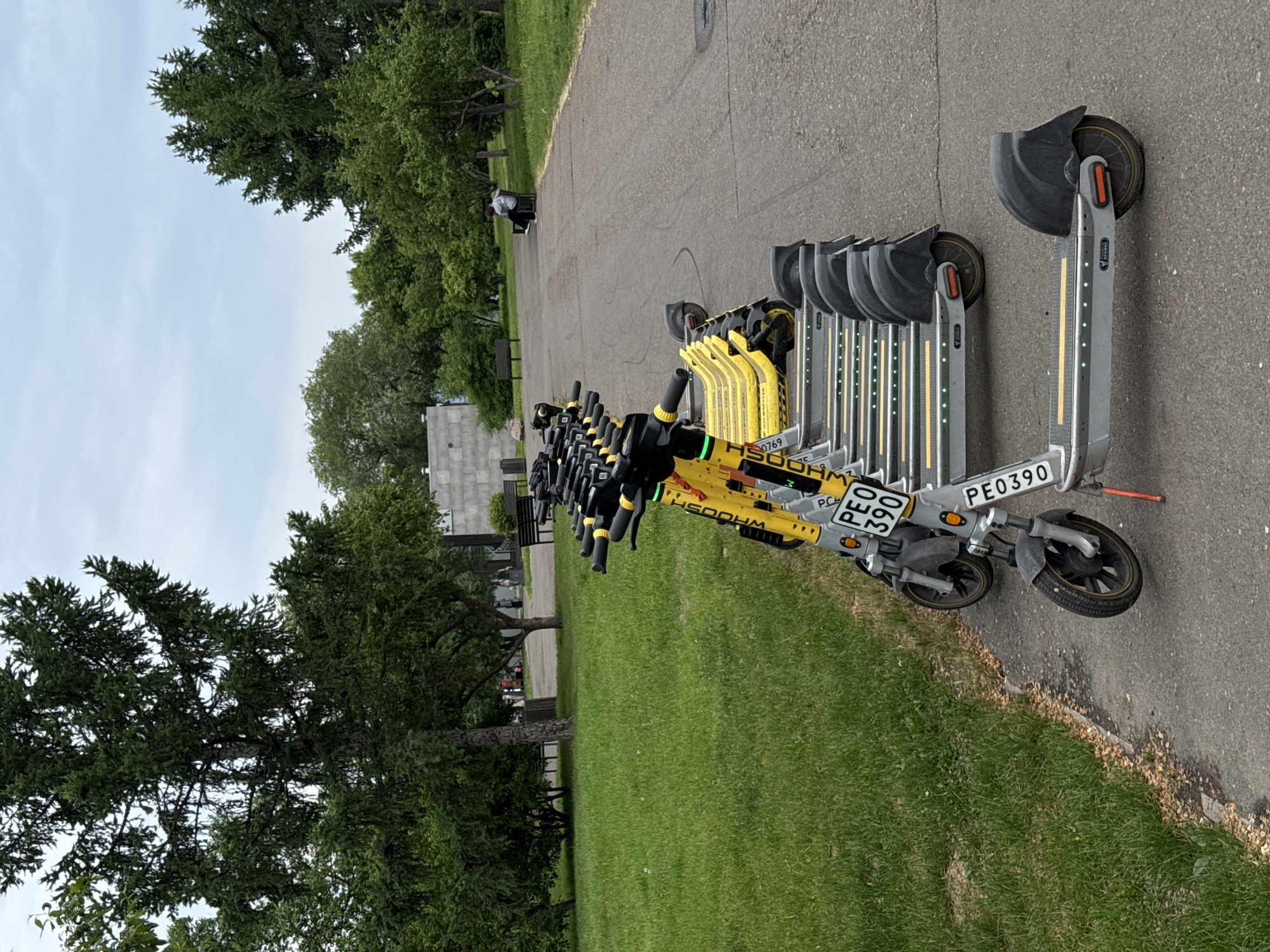 A row of electric scooters is parked on a paved path in a park. The scooters are primarily yellow and white, with some black components. License plates are visible on some of the scooters, including "PE0 390" and "PE0390". In the background, there are trees, grass, benches, and a person sitting on a bench. The sky is overcast. The scene is set in the city of Krasnoyarsk, Russia.