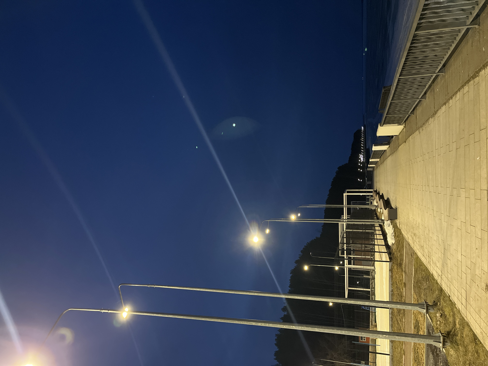The image shows an evening view of the embankment in Chaikovsky, Russia. The sky is a deep blue, punctuated by streetlights. A paved walkway runs along the right side of the frame, bordered by a metal railing and the dark water of a body of water. Streetlights line the walkway, casting a warm glow on the pavement. Behind the lights, dark vegetation covers the hillside. In the foreground, the poles of additional streetlights are visible. The scene suggests a calm, quiet evening.