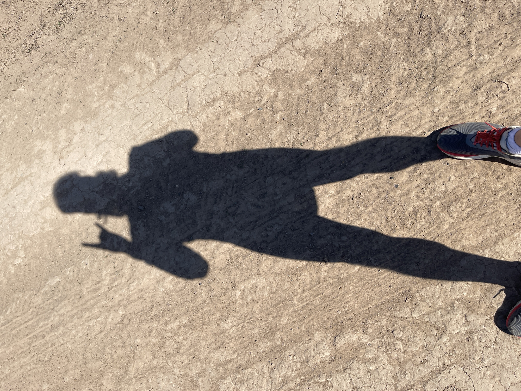 The image shows a top-down view of a sunlit, cracked, dry dirt ground. A dark shadow of a person is cast on the ground, with the shadow's hand making a "rock on" gesture. The person's feet, wearing running shoes, are partially visible at the edge of the frame. The location is suggested to be Perevoznoe, Russia, though no elements within the image confirm this detail.