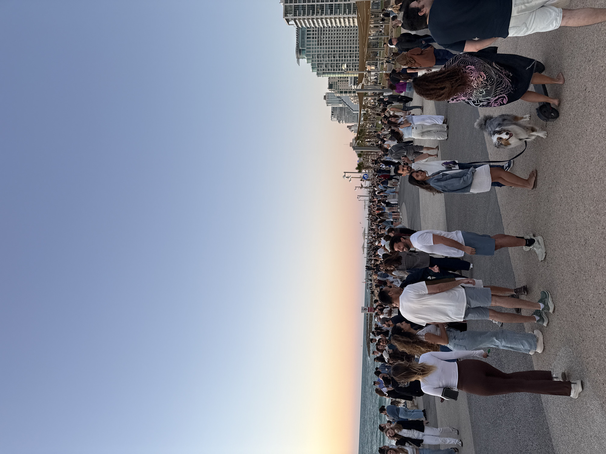 A large crowd of people has gathered along a beachfront promenade in Tel Aviv, Israel, likely to watch the sunset. The crowd appears to be diverse in age and attire, some are standing, some are walking. A dog is also visible in the crowd. Buildings can be seen in the background. The sky transitions from a light blue to a gradient of yellow and orange near the horizon. A concrete walkway runs adjacent to the beach.