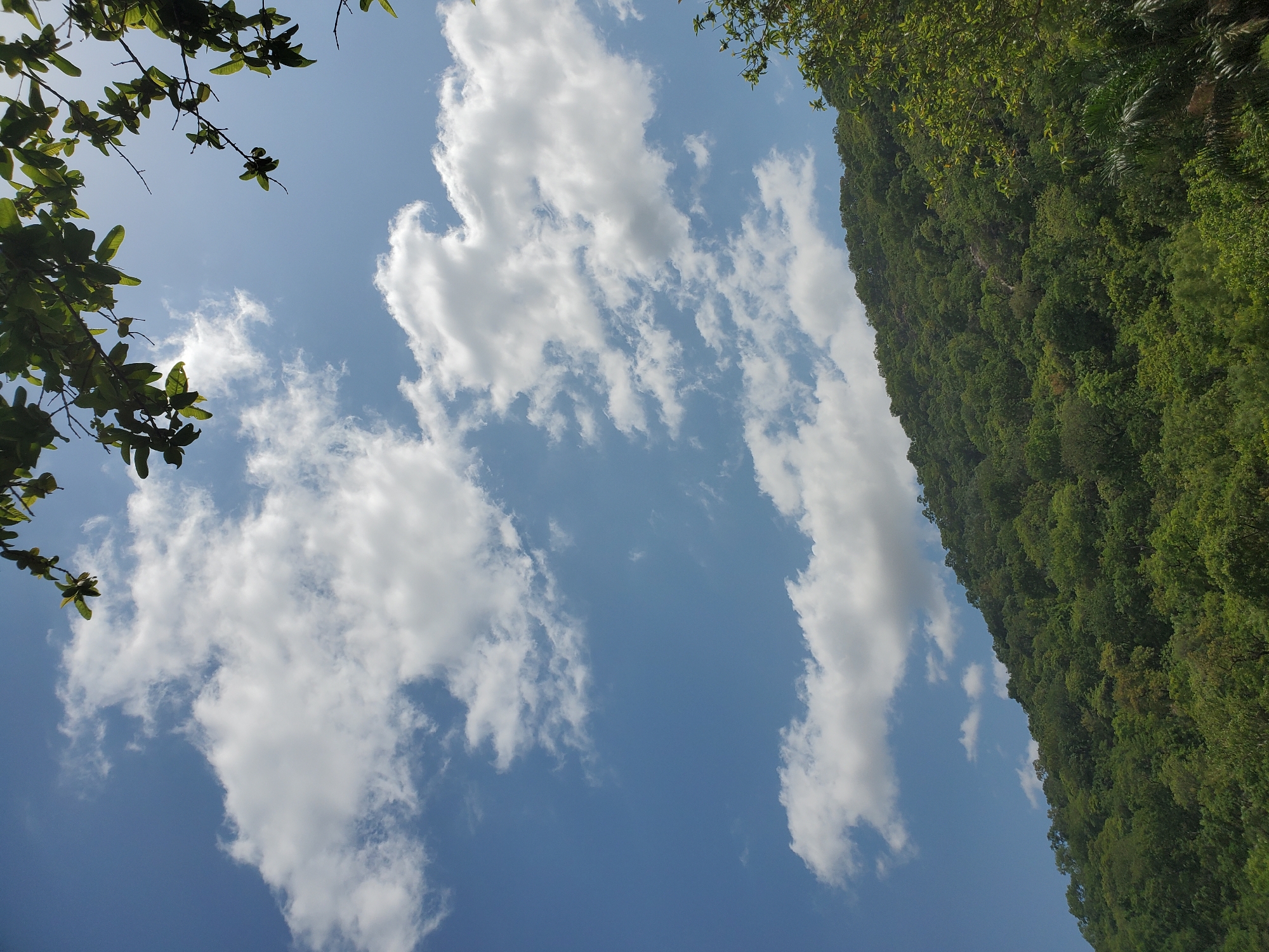 The image shows a view of the sky with scattered white clouds, framed by foliage in the upper left and a densely vegetated hillside on the right. The location is identified as Mararaba, Nigeria. No people, subjects, objects, actions, or interactions are apparent. The environment consists of a clear sky, clouds, and green vegetation on the hillside.
