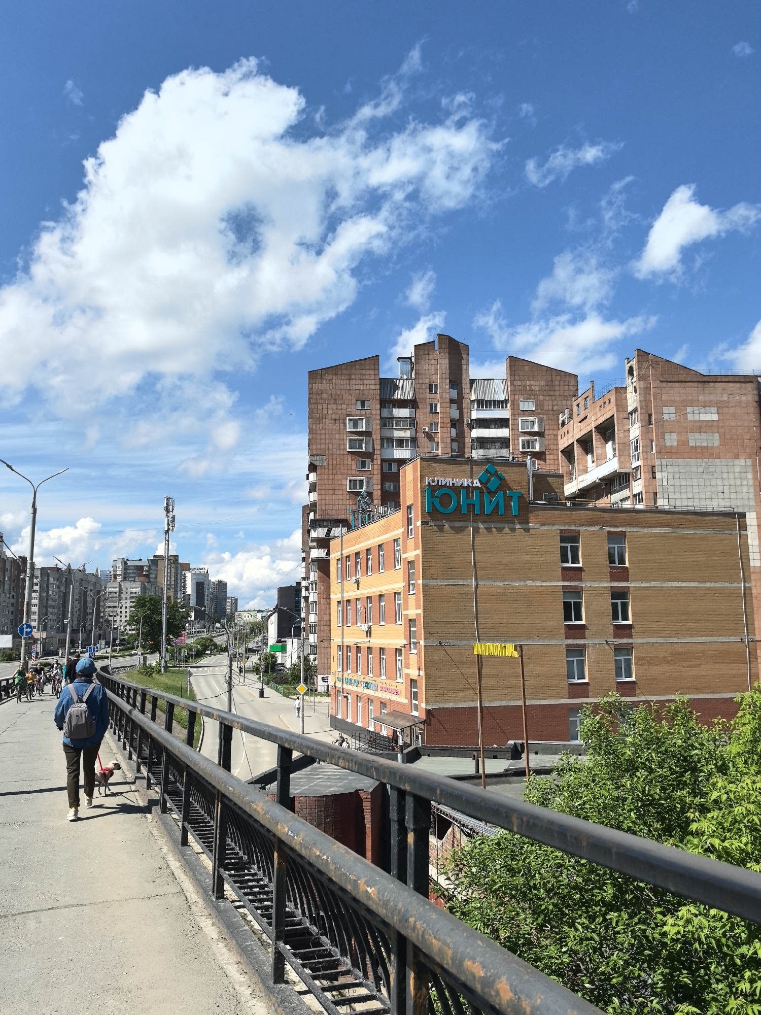 The image is a sunny, daytime shot in the city of Perm, Russia. A woman wearing a blue denim jacket, carrying a gray backpack, and wearing brown pants walks to the left of the frame on a pedestrian walkway, leading a small, light-colored dog on a red leash. A black, iron railing runs along the right side of the walkway, partially obscuring a view of green foliage below.
In the background, a busy city street is visible, featuring cars, pedestrians, and cyclists. Several buildings are present, including a large brick building with a sign in blue lettering that reads "ЮНИТ" (UNIT). Other buildings of varying heights and architectural styles line the street. Overhead, a clear blue sky is dotted with fluffy white clouds. Streetlights, utility poles, and other urban infrastructure elements are also visible.