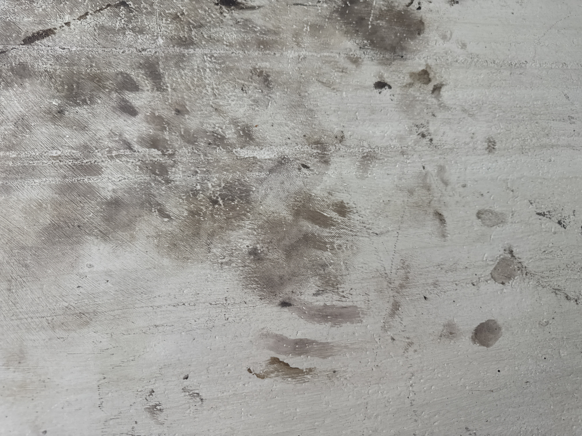 The image is a close-up, full-frame shot of a concrete surface, exhibiting a textured, weathered appearance. The concrete is predominantly light gray with significant areas of darker gray and brown staining, suggesting the presence of dirt, oil, or other substances. Numerous small pits and rough patches are visible across the surface, indicative of wear and tear. Subtle linear striations are present, possibly from the concrete finishing process or material abrasion. There are no discernible people, objects, or actions depicted in the image; it focuses solely on the textural details of the material. The location in Mejaniga, Italy, is not directly indicated by any visual elements within the frame.