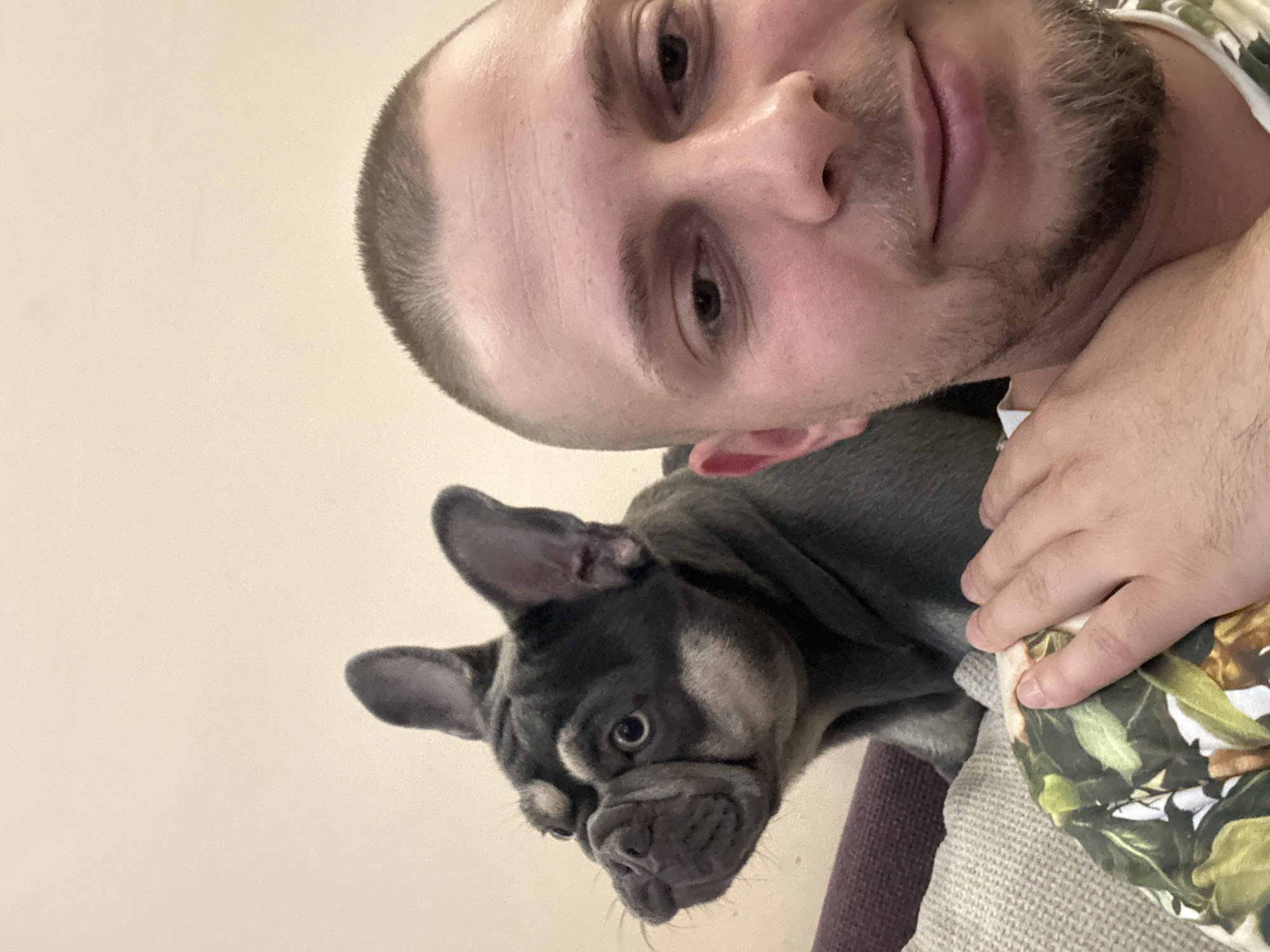 A close-up, top-down view captures a man and a French Bulldog puppy together, likely a selfie. The image is oriented vertically, with the man's head and shoulders dominating the upper portion and the dog positioned below him.
The man has a shaved head with short stubble and a light beard on his chin and cheeks. He is smiling faintly with his lips slightly parted, and his eyes are directed towards the camera. He wears a patterned shirt featuring green, brown, and white leafy or camouflage-like motifs. His left hand is visible, resting near the dog.
The French Bulldog puppy has dark gray, almost blue, fur with light tan markings around its eyes, on its muzzle, and on its chest. Its prominent bat-like ears are perked up. The puppy's face is wrinkled, typical of the breed, and it looks towards the camera with a neutral to slightly curious expression.
The background is a plain, light-colored wall or ceiling, suggesting an indoor setting. Part of a purple fabric or cushion is visible on the right side of the frame, underneath the dog. The lighting is soft and even, indicating an indoor environment, possibly during the daytime. No text is visible in the image.