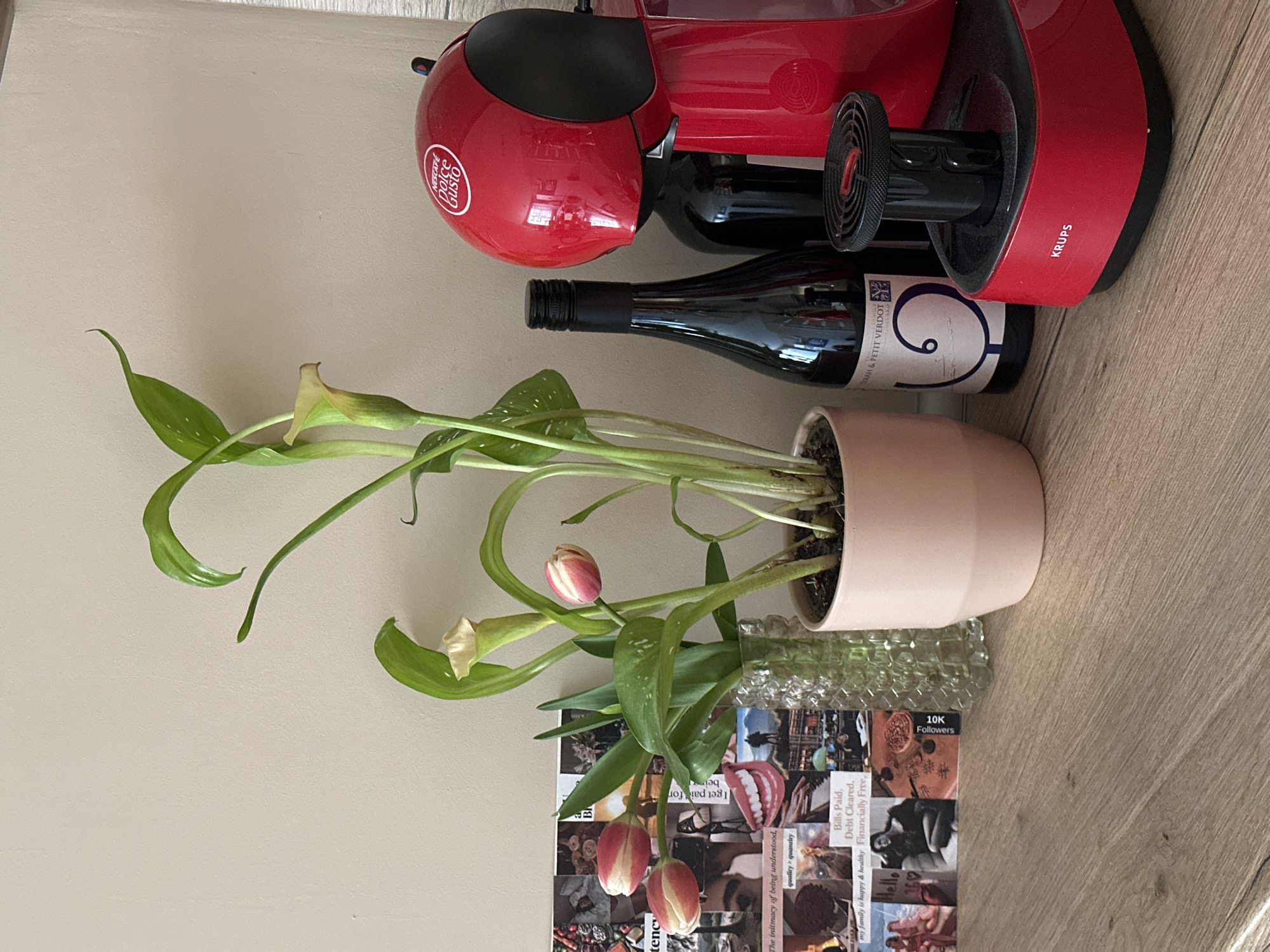The image depicts a still life arrangement. A pink potted plant with both calla lilies and tulips stands in the foreground, resting on a collage of images and text, some of which are legible ("The intimacy of being understood," "Bills Paid. Debt Cleared. Financially Free," "10K Followers"). Behind the plant lies a bottle of wine, partially obscured by the plant pot. At the top right of the image, a red Krups Nescafé Dolce Gusto coffee machine is situated, partially obscuring the wine bottle. The background consists of a beige wall on the left and a light wood-grain surface on the right.
The location in the city of Sofia, Bulgaria cannot be determined from the provided image.