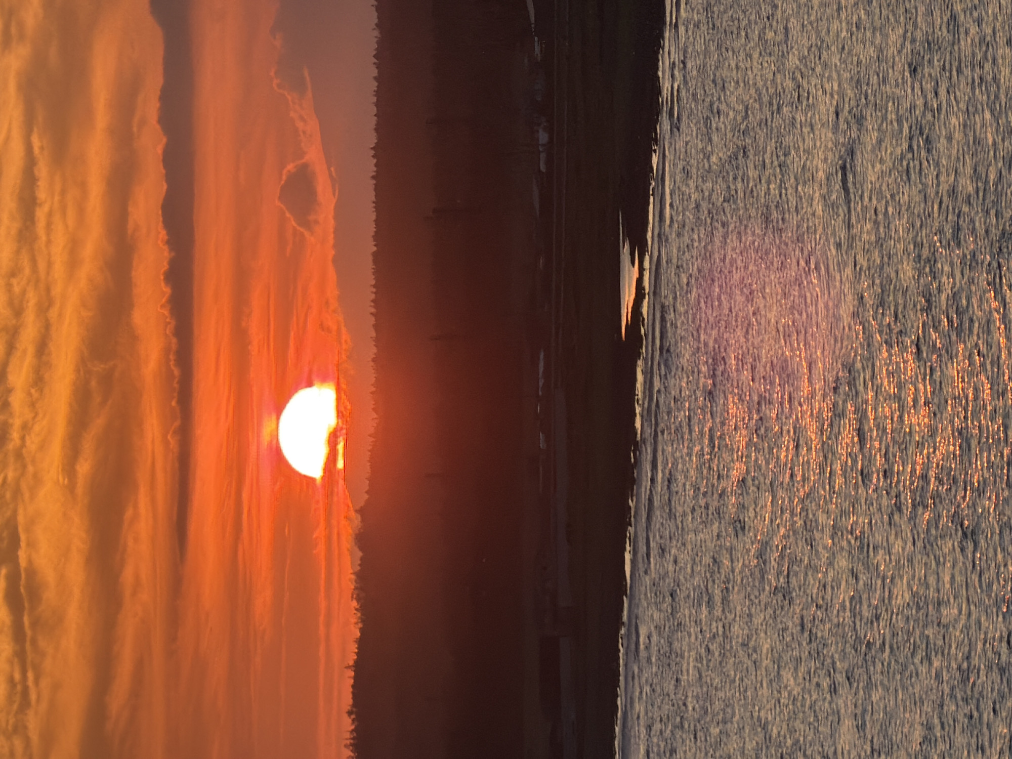 This is a vertical, medium shot of a vibrant sunset over the sea in Yuzhno-Kurilsk, Russia. The sun, a bright white orb with a fiery orange halo, is partially obscured by the horizon, casting a warm glow across the sky. Streaks of orange, pink, and yellow clouds fill the sky, creating a dramatic backdrop for the setting sun. The foreground is dominated by the calm, rippling surface of the sea, reflecting the colors of the sunset. A dark, silhouetted treeline runs along the horizon, behind which a hazy mountain range can be seen. The overall mood is serene and peaceful.
