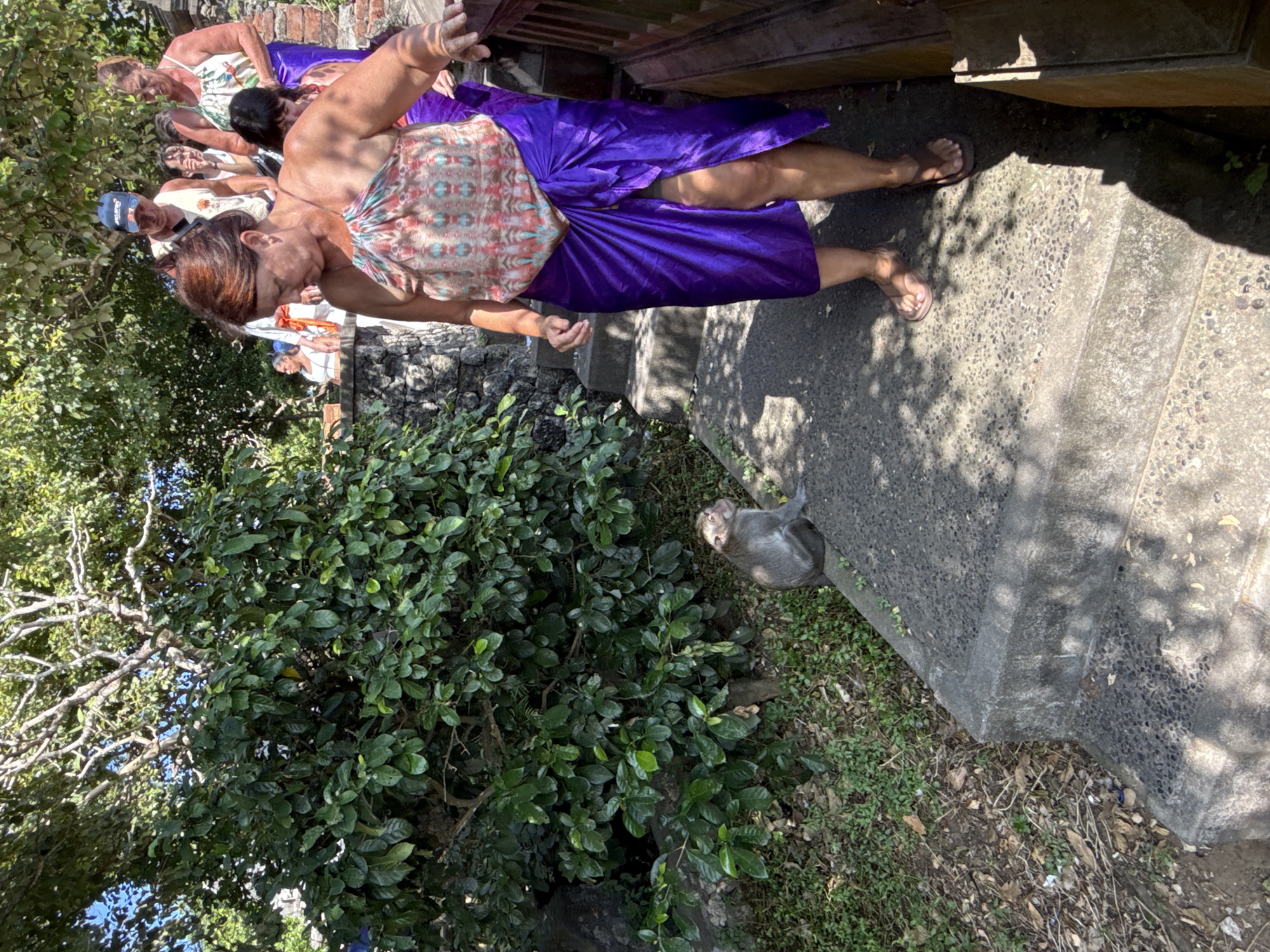 The image depicts a partially visible group of tourists visiting a site in Kuta Selatan, Indonesia, with a monkey nearby. The group is standing near a set of stairs. One woman in the foreground is wearing a patterned top and a purple sarong. Another tourist is visible behind her, wearing a white tank top and a purple sarong. A monkey sits on the ground beside the greenery. The environment includes trees, grass, and stone steps. The light suggests it is daytime.