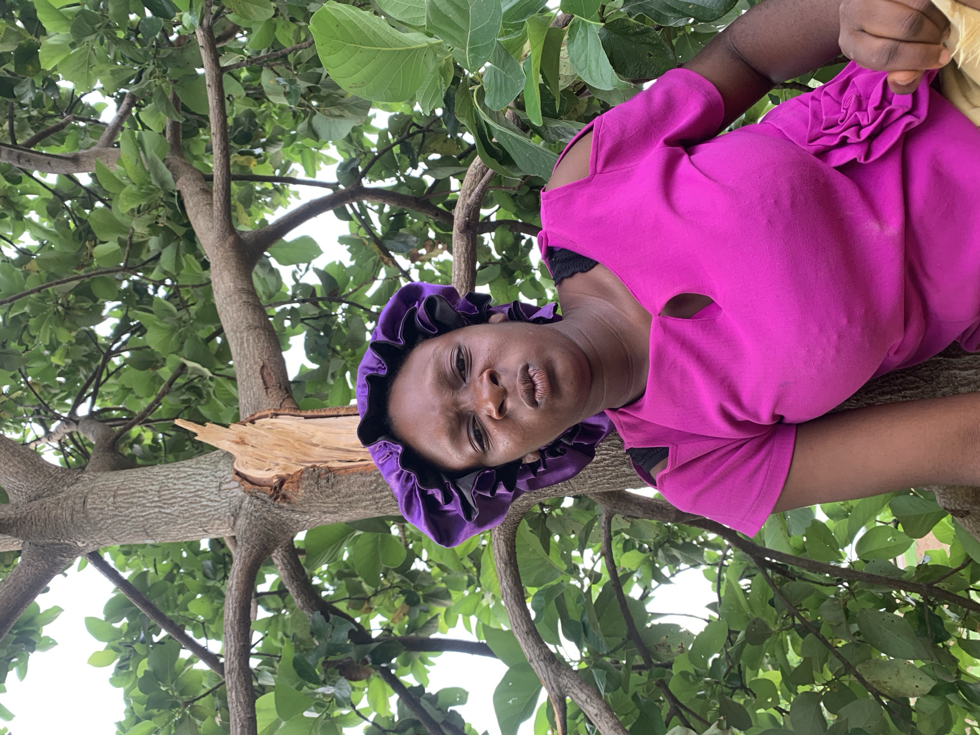 A woman wearing a purple bonnet and a pink dress stands in a tree. The tree has green leaves and a broken branch. The photo was taken in Agban, Nigeria.
