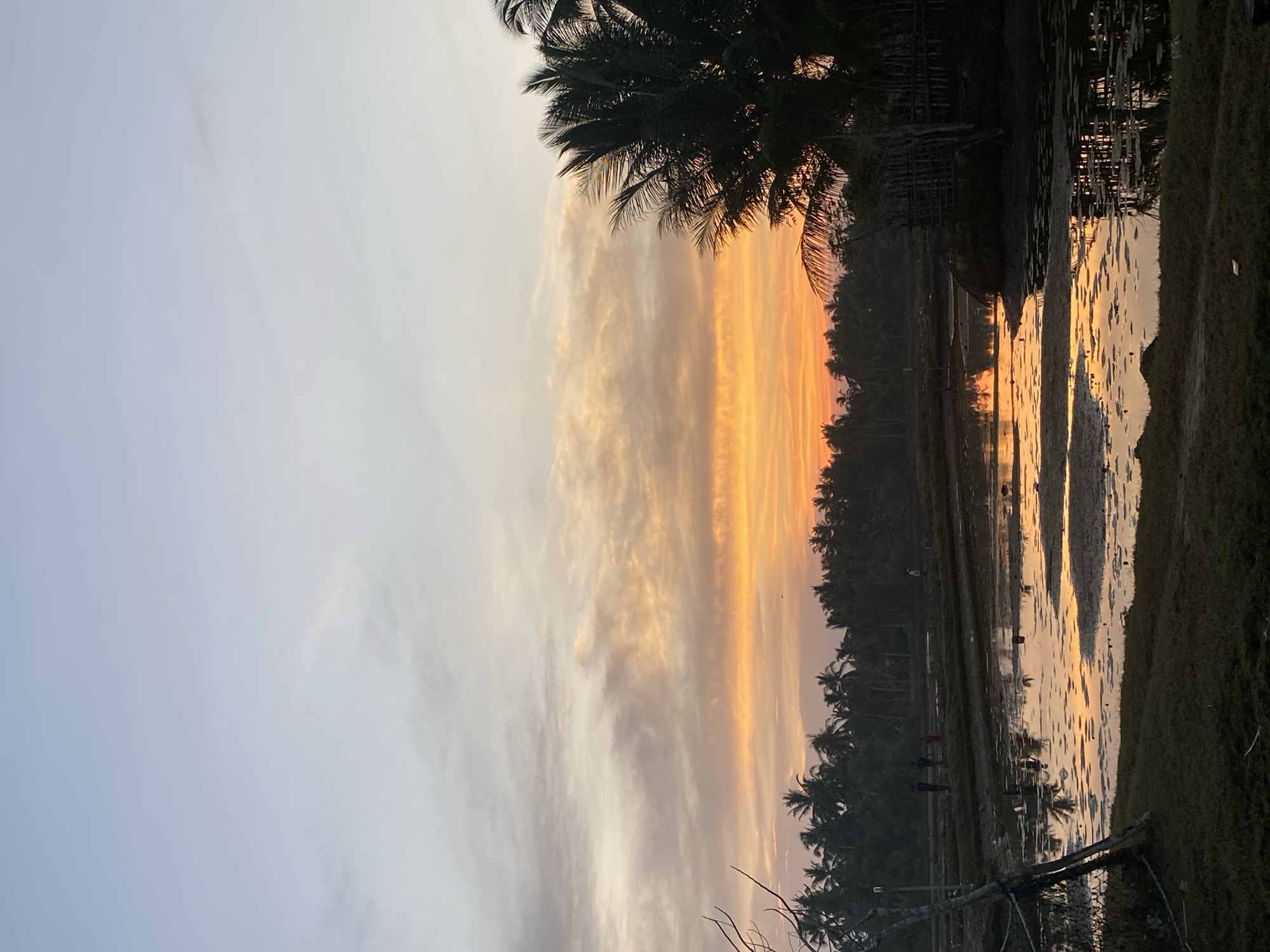 The image captures a vibrant sunset over a tranquil tropical landscape, likely in Gampongaceh, Indonesia. The sky, dominating the upper portion, transitions from a soft pale blue and grey at the zenith to brilliant bands of orange, yellow, and reddish hues closer to the horizon. Wispy, elongated clouds are illuminated by the setting sun, creating horizontal streaks of color across the sky.
Below the colorful sky, a dense line of silhouetted palm trees and other tropical vegetation marks the distant horizon. The lower half of the scene features a wide body of water, possibly a river or flooded rice paddies, which beautifully reflects the intense colors of the sunset, appearing as shimmering streaks of orange and yellow on its surface. Dark reflections of trees and ripples are visible in the water.
Along the grassy banks bordering the water, particularly on the right side, several small, dark figures, likely people, are visible. They appear to be standing or wading near the water's edge. In the foreground, dark, indistinct shapes, possibly tree branches or rudimentary wooden structures, jut out near the water.
The time of day is clearly sunset, characterized by the warm, dramatic lighting. The atmosphere appears calm and peaceful, with no discernible weather events. There is no visible text in the image.