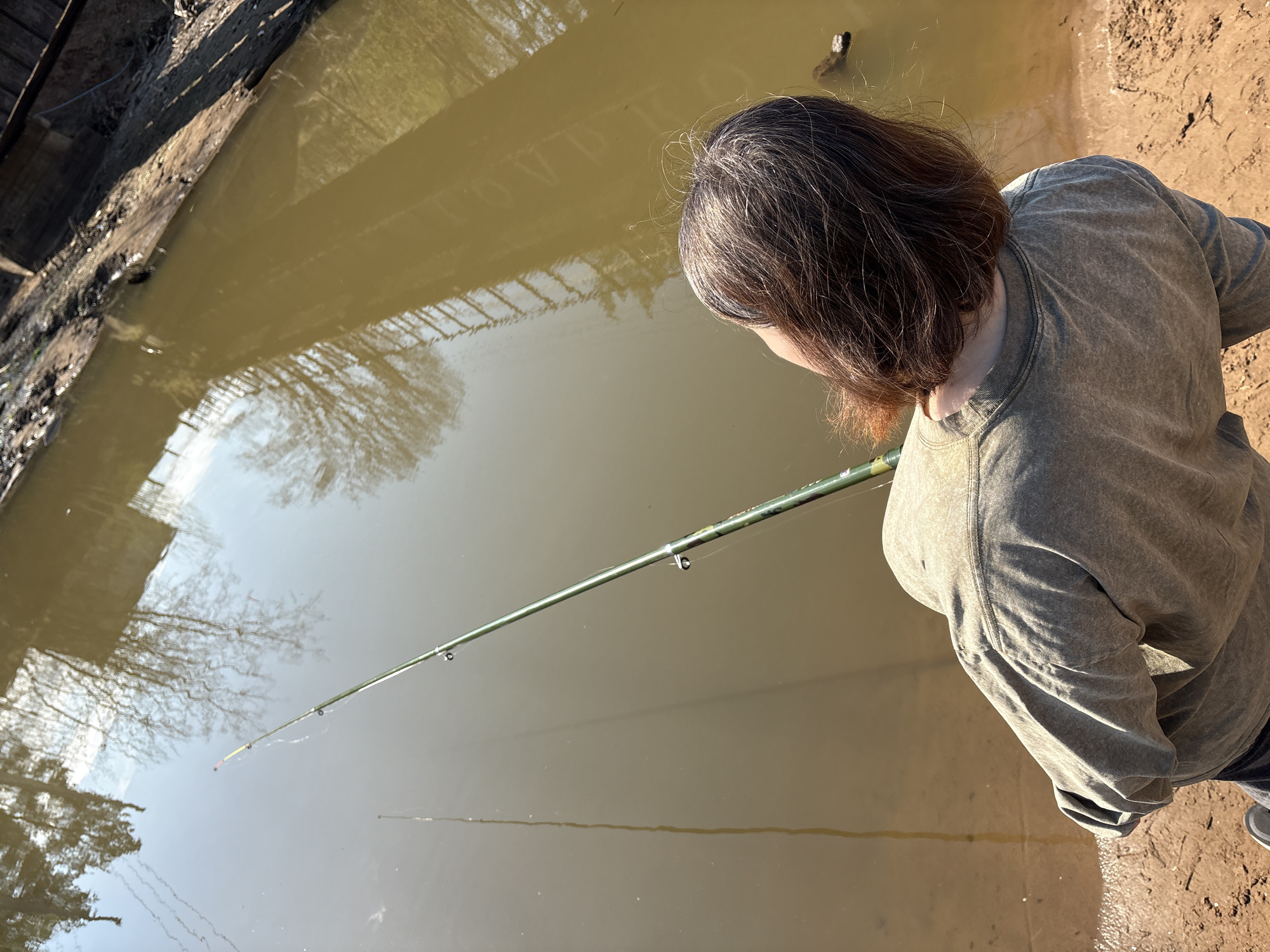 A person stands on a muddy bank near a body of water, possibly a pond or lake, in an area within the city of Chaikovsky, Russia. They are holding a fishing rod, with the line extending into the water. The water is murky and reflects the trees and sky. The person's hair is dark, with some graying. They wear a gray sweatshirt and jeans. The bank is composed of brown soil. A concrete structure can be seen on the left side of the image. A small piece of wood floats in the water.
