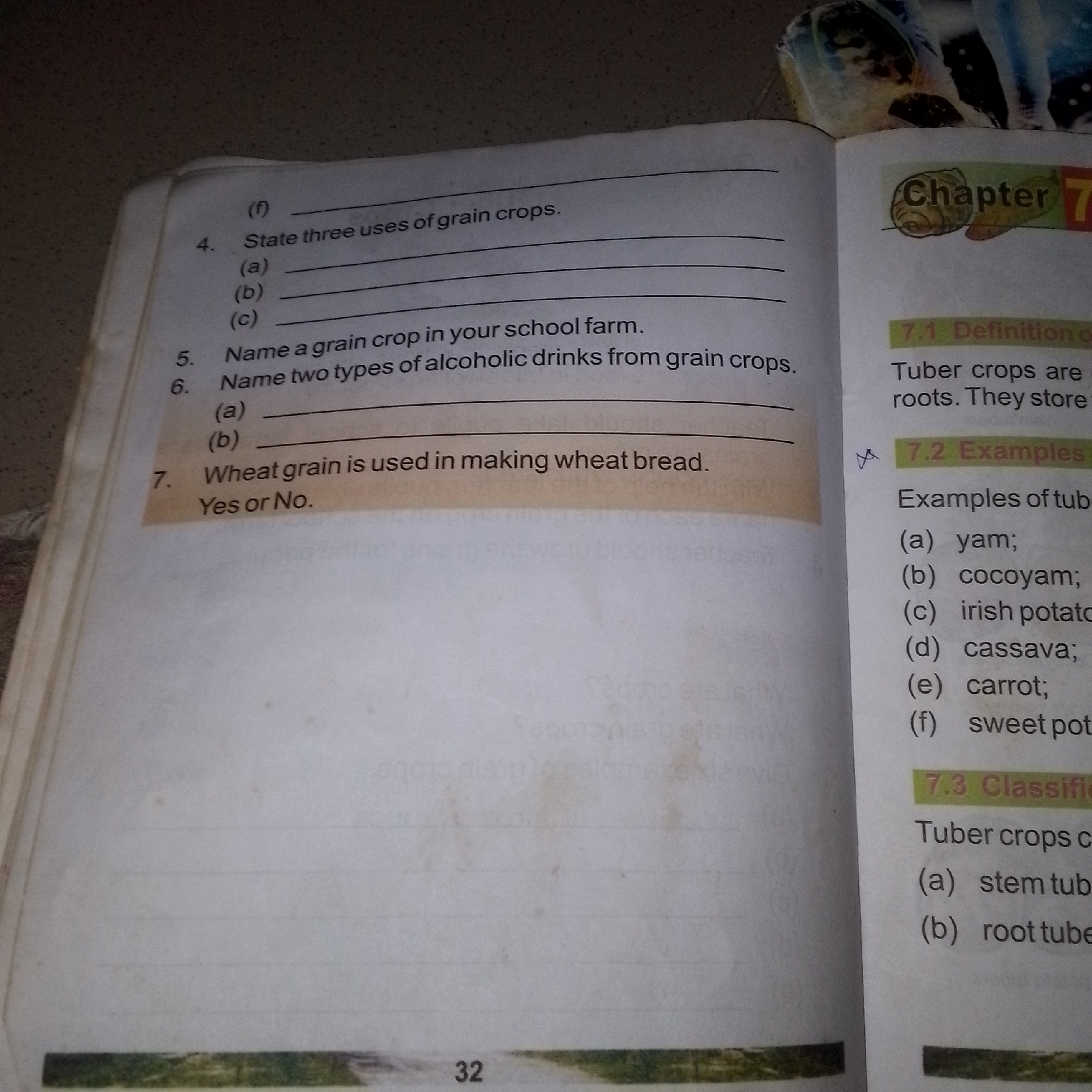 The image shows an open book, with text in English. The left page contains questions numbered 4, 5, 6, and 7. Question 4 asks to state three uses of grain crops. Question 5 asks to name a grain crop in your school farm. Question 6 asks to name two types of alcoholic drinks from grain crops, with options (a) and (b) provided. Question 7 asks whether wheat grain is used in making wheat bread, with options "Yes or No." The right page displays "Chapter 7" at the top. Section 7.1 is titled "Definition of Tuber crops" and states "Tuber crops are grown from roots. They store...". Section 7.2 is titled "Examples of tuber crops" and lists (a) yam, (b) cocoyam, (c) irish potato, (d) cassava, (e) carrot, and (f) sweet potato. Section 7.3 is titled "Classification of Tuber crops" and lists (a) stem tuber and (b) root tuber. The bottom of the left page shows the number "32". The background of the image is dark and out of focus, suggesting it was taken in low light conditions. There is no identifiable information that places this image in Jalingo, Nigeria.